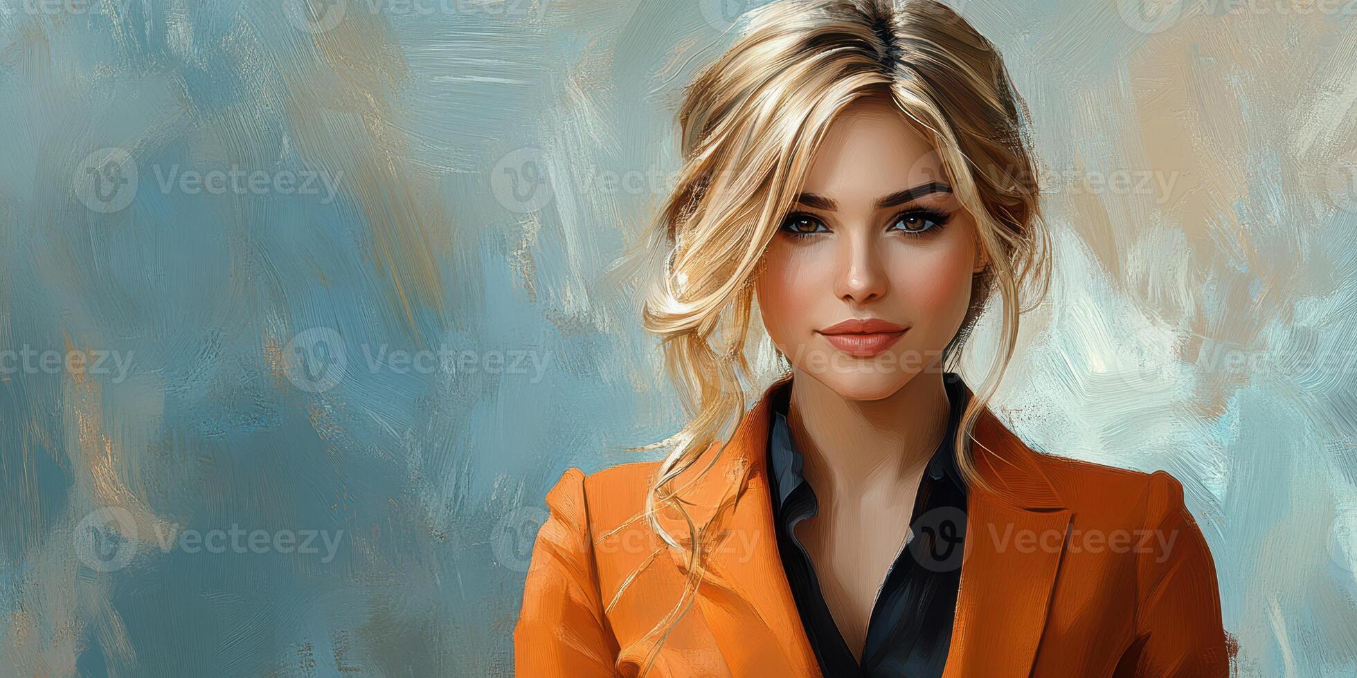 Portrait of a confident woman in an orange blazer against a soft blue background photo