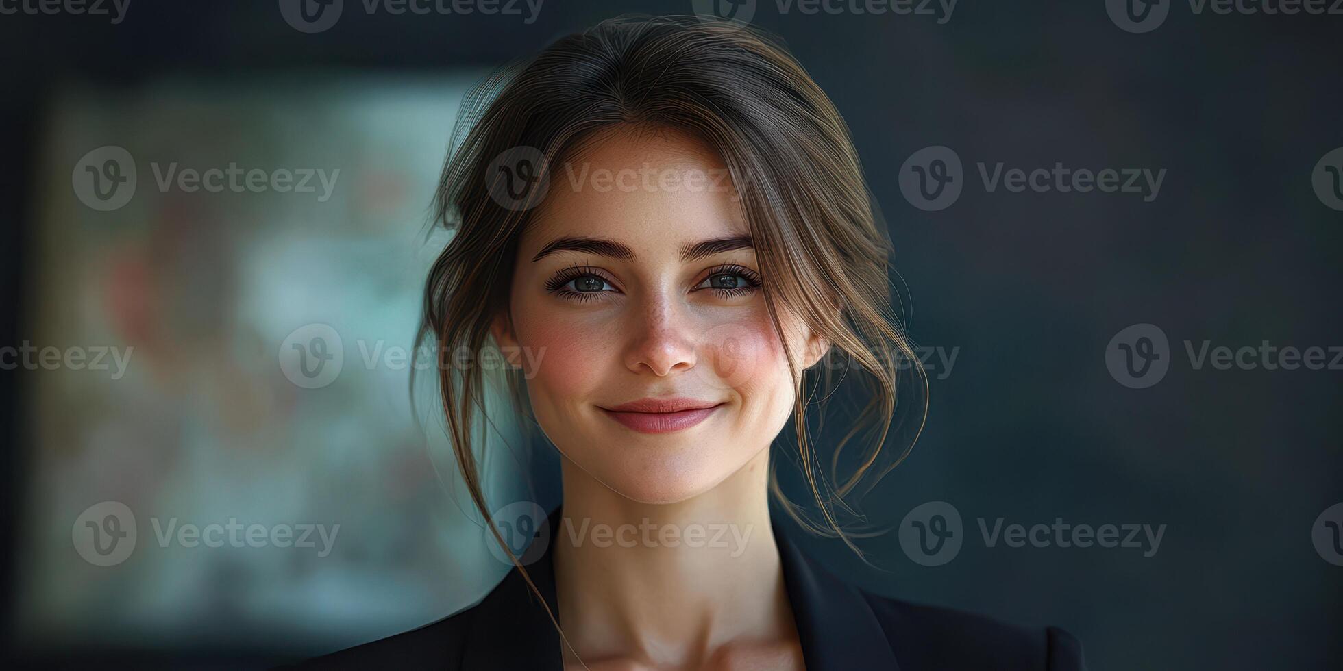 Young woman with warm smile in professional attire against a blurred background in a modern setting photo