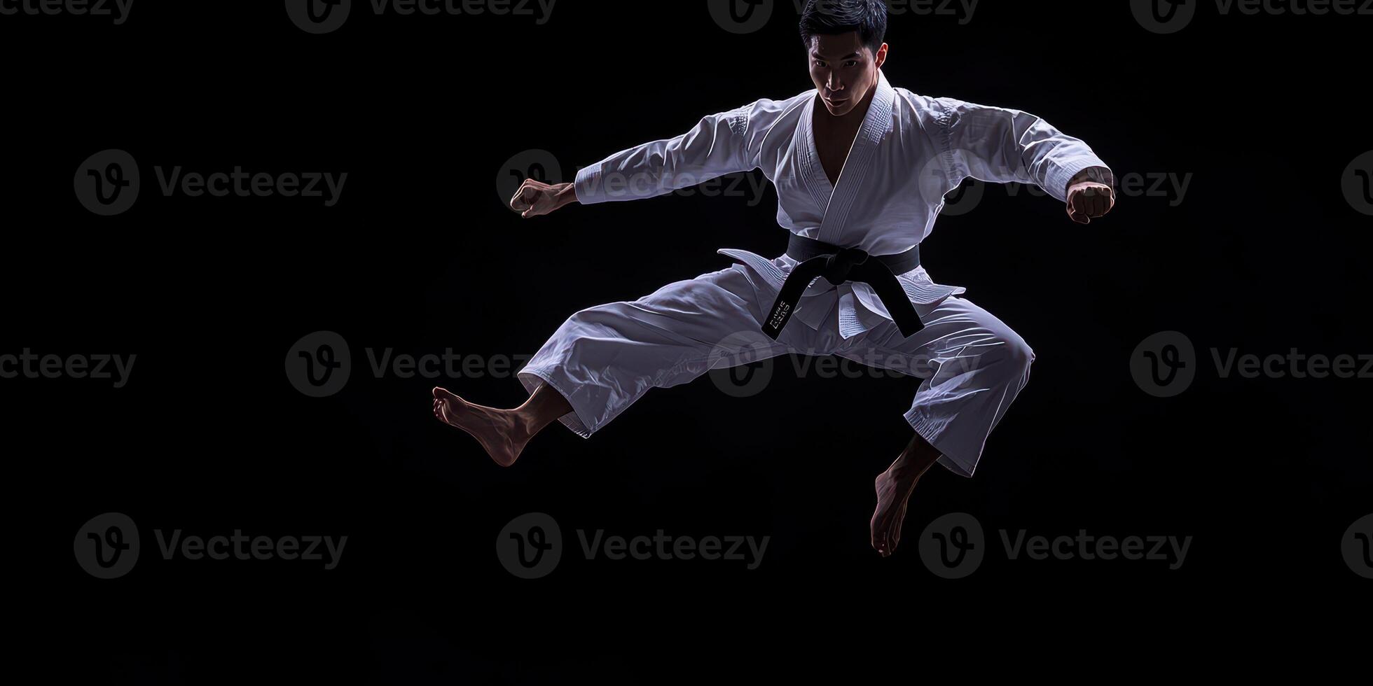 Martial artist performs an impressive jump kick in a dramatic studio setting during a training session at night photo