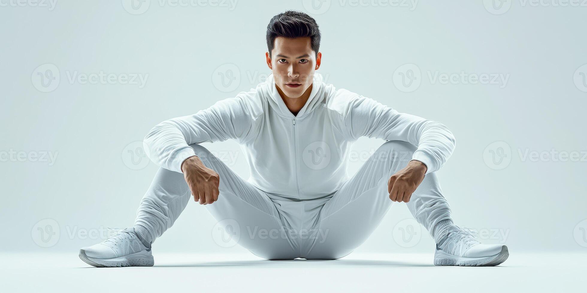 Dynamic male athlete in flexible pose showcasing strength and focus in a minimalistic studio setting photo