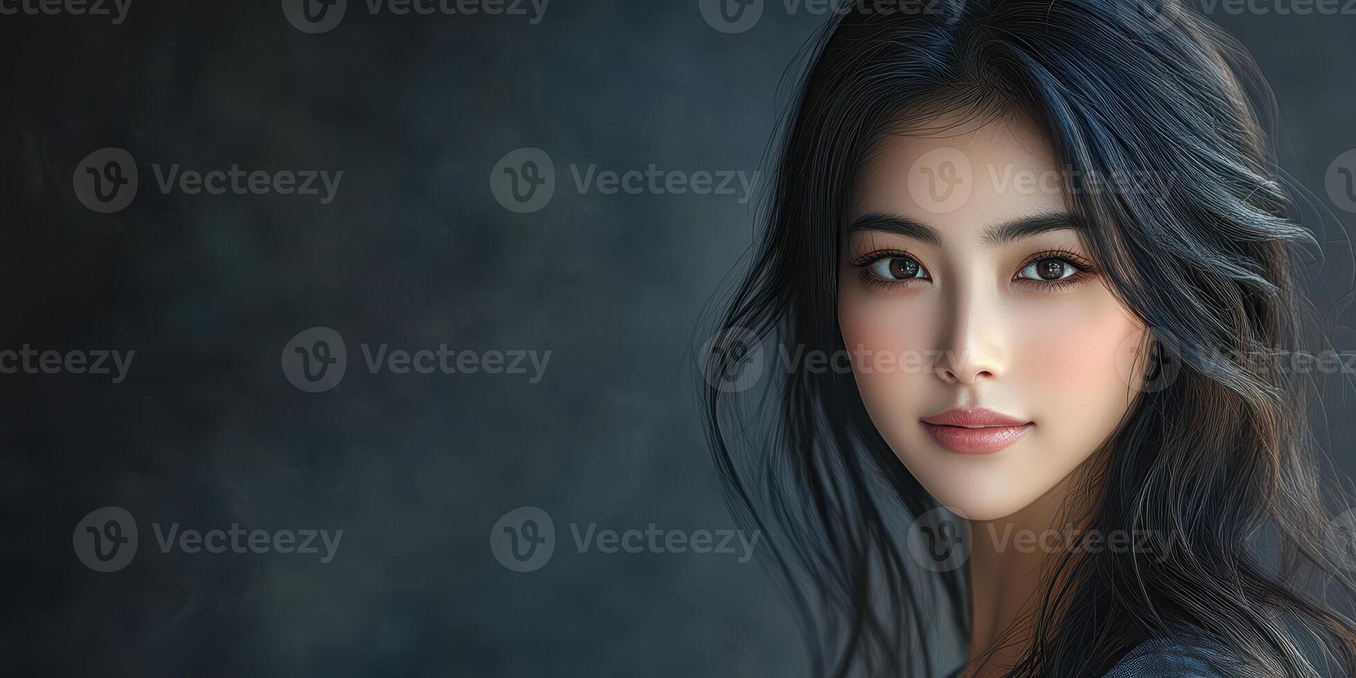 Captivating portrait of a young woman with long dark hair in a soft, natural setting, showcasing striking features and gentle expression photo