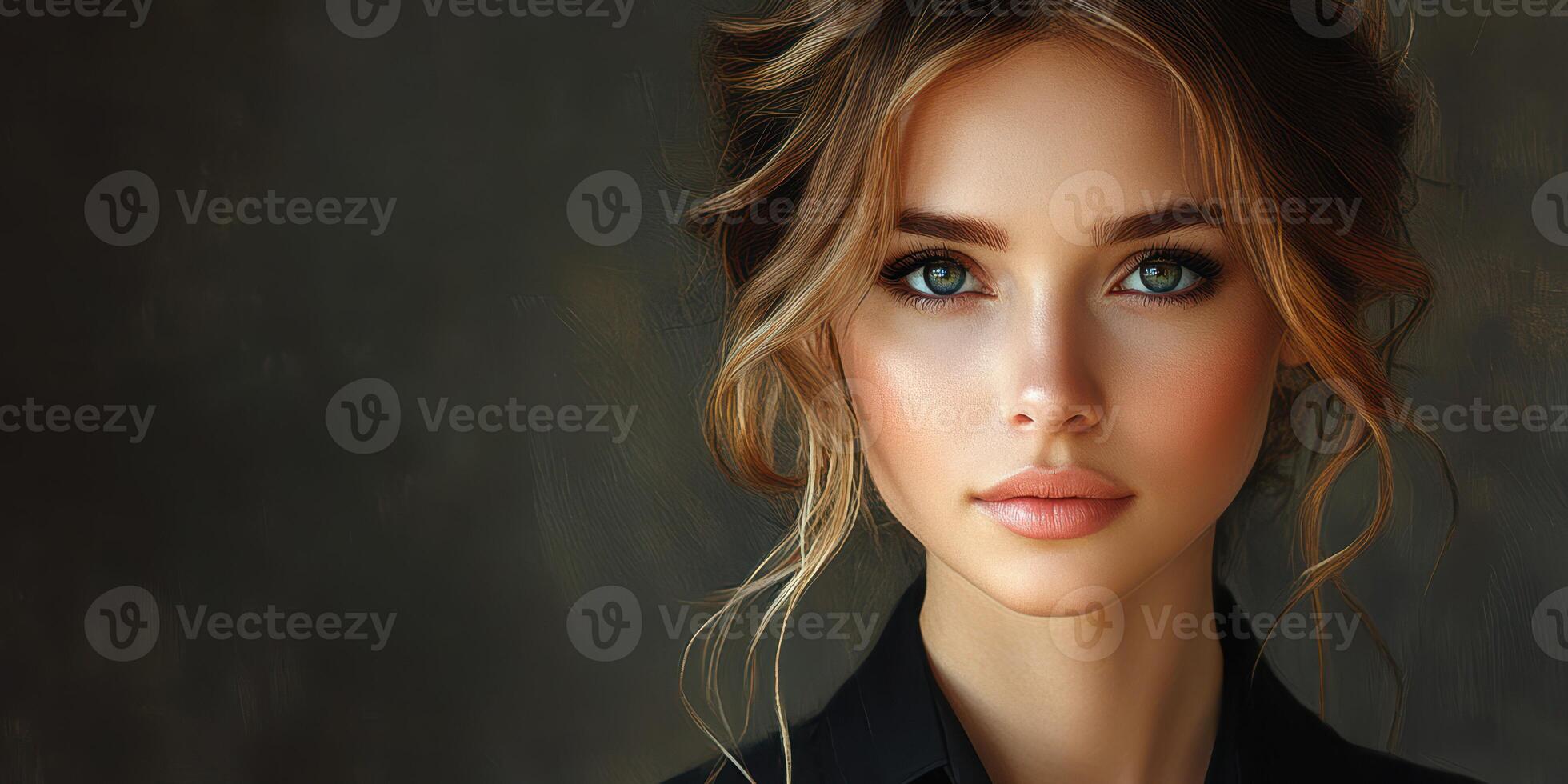 Portrait of a young woman with elegant features and soft lighting in a neutral background photo