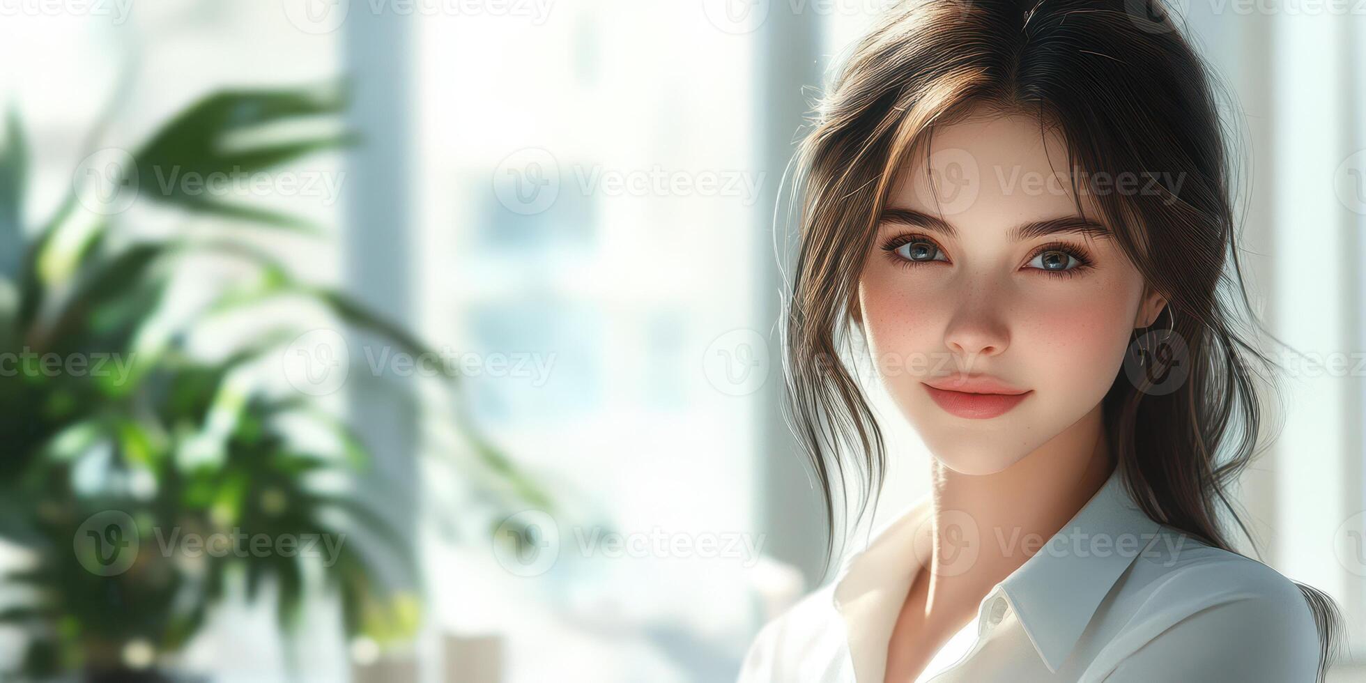 Young woman with long hair in a bright room filled with plants and natural light during a daytime setting photo