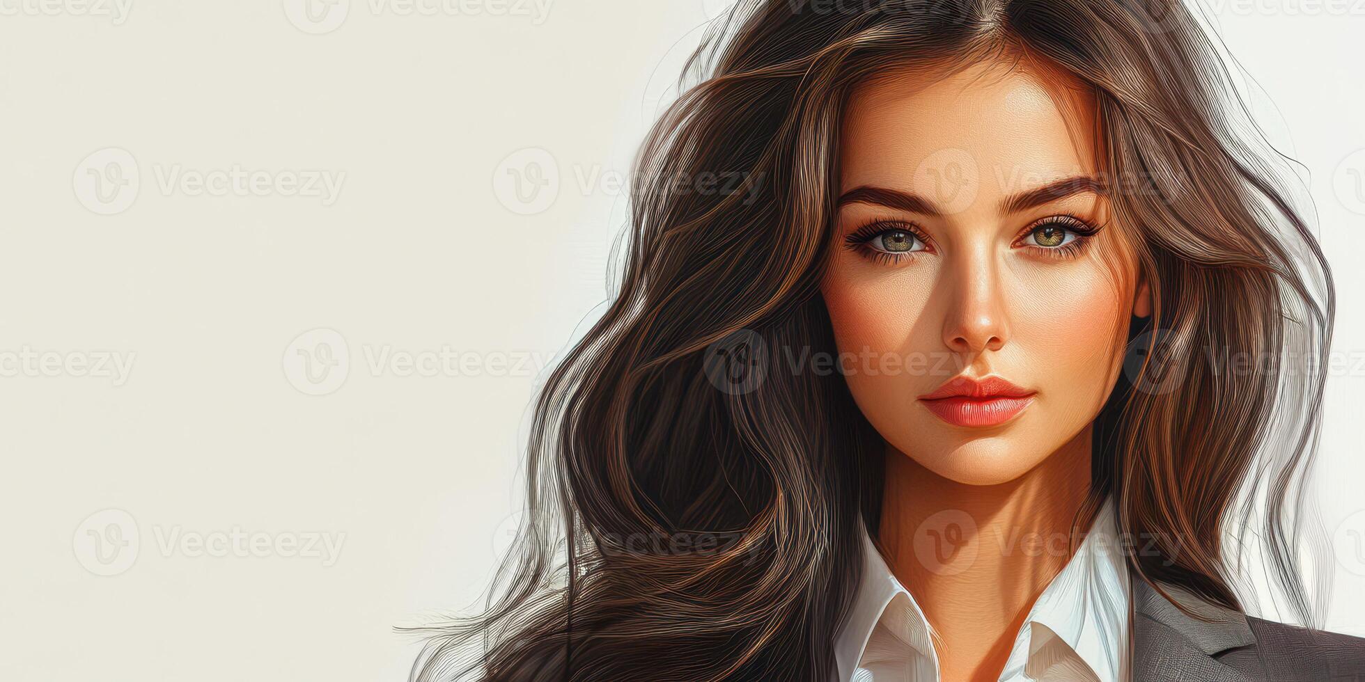 Confident young woman in professional attire posing against a neutral background photo
