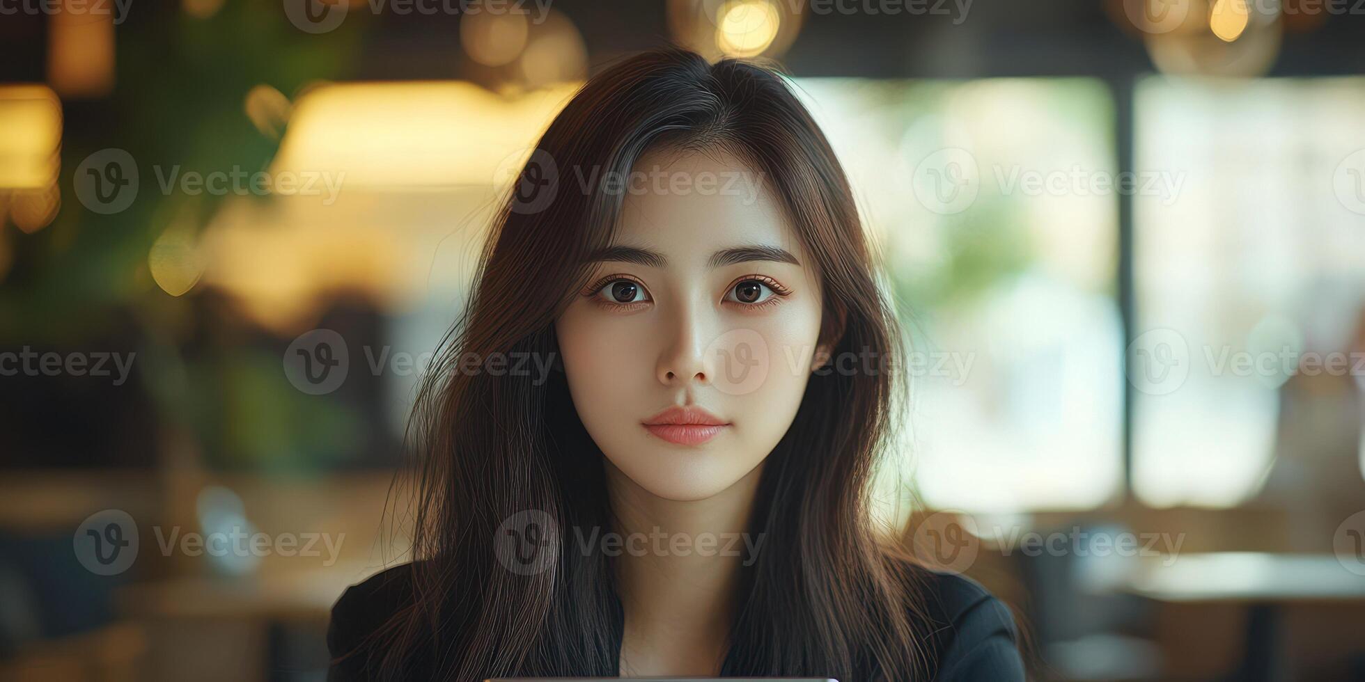Young woman sits in a modern cafe with a laptop while enjoying a quiet afternoon in the city photo
