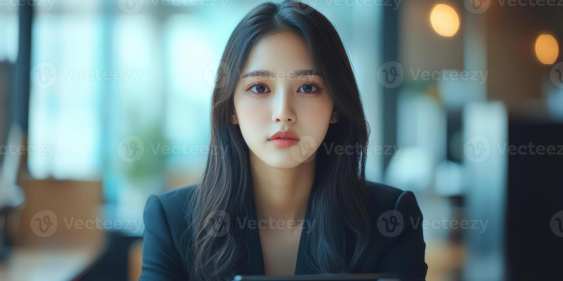 Professional woman working intently on a digital device in a modern, brightly lit office environment photo