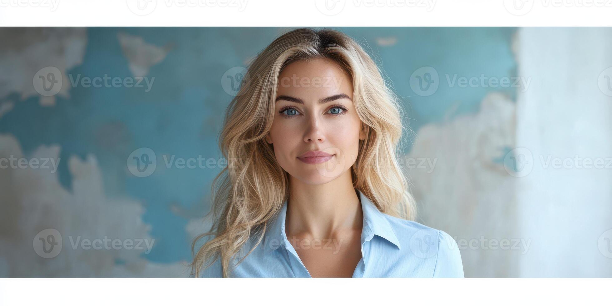 Beautiful woman with blonde hair posing in casual attire against a textured blue wall in natural light during daytime photo
