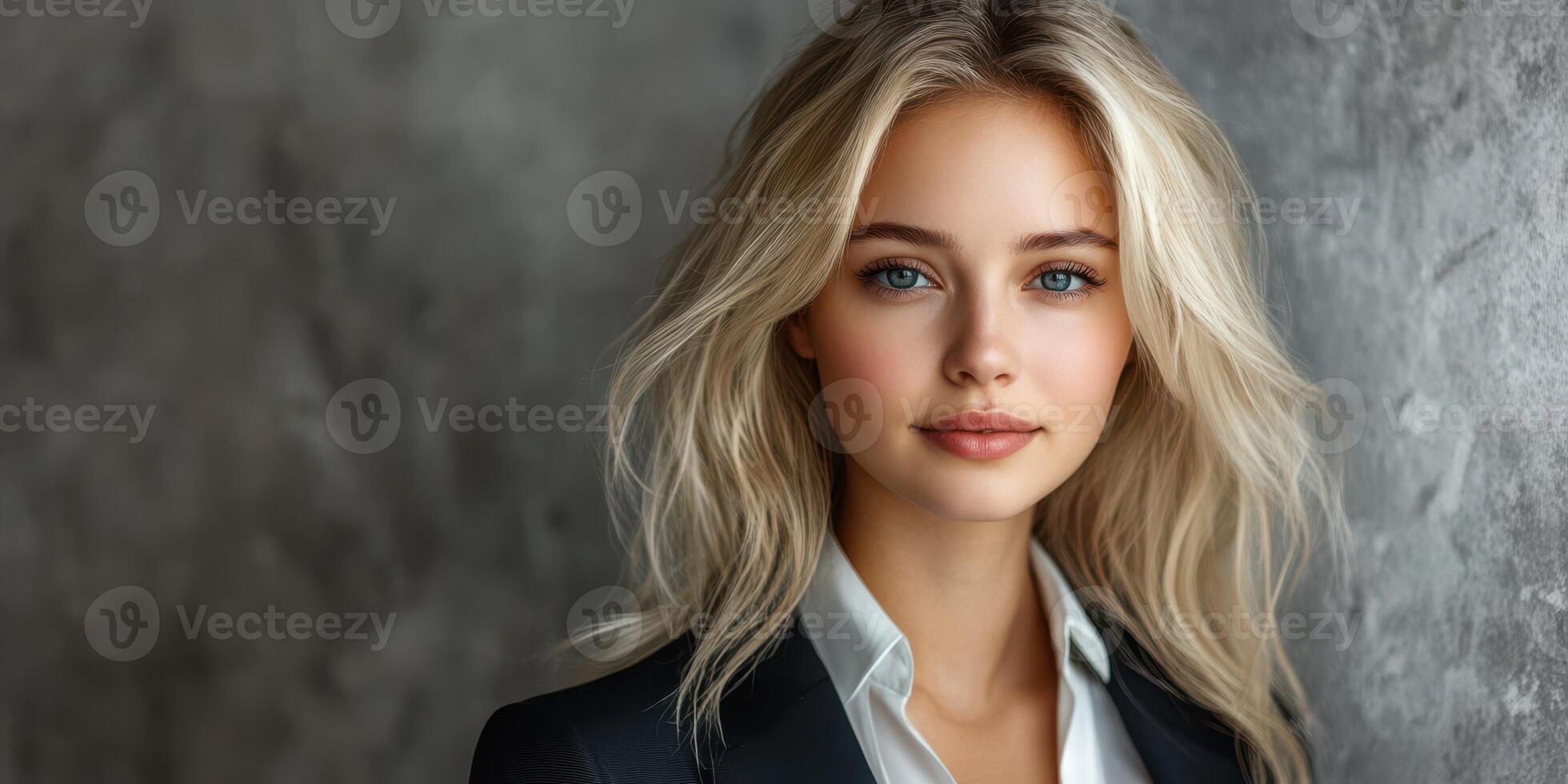 Young woman with long blonde hair posing against textured gray background in a professional setting photo