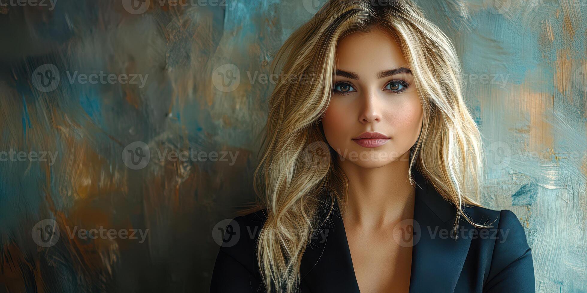 Portrait of a woman with blonde hair against an artistic background capturing elegance and confidence in a studio setting photo
