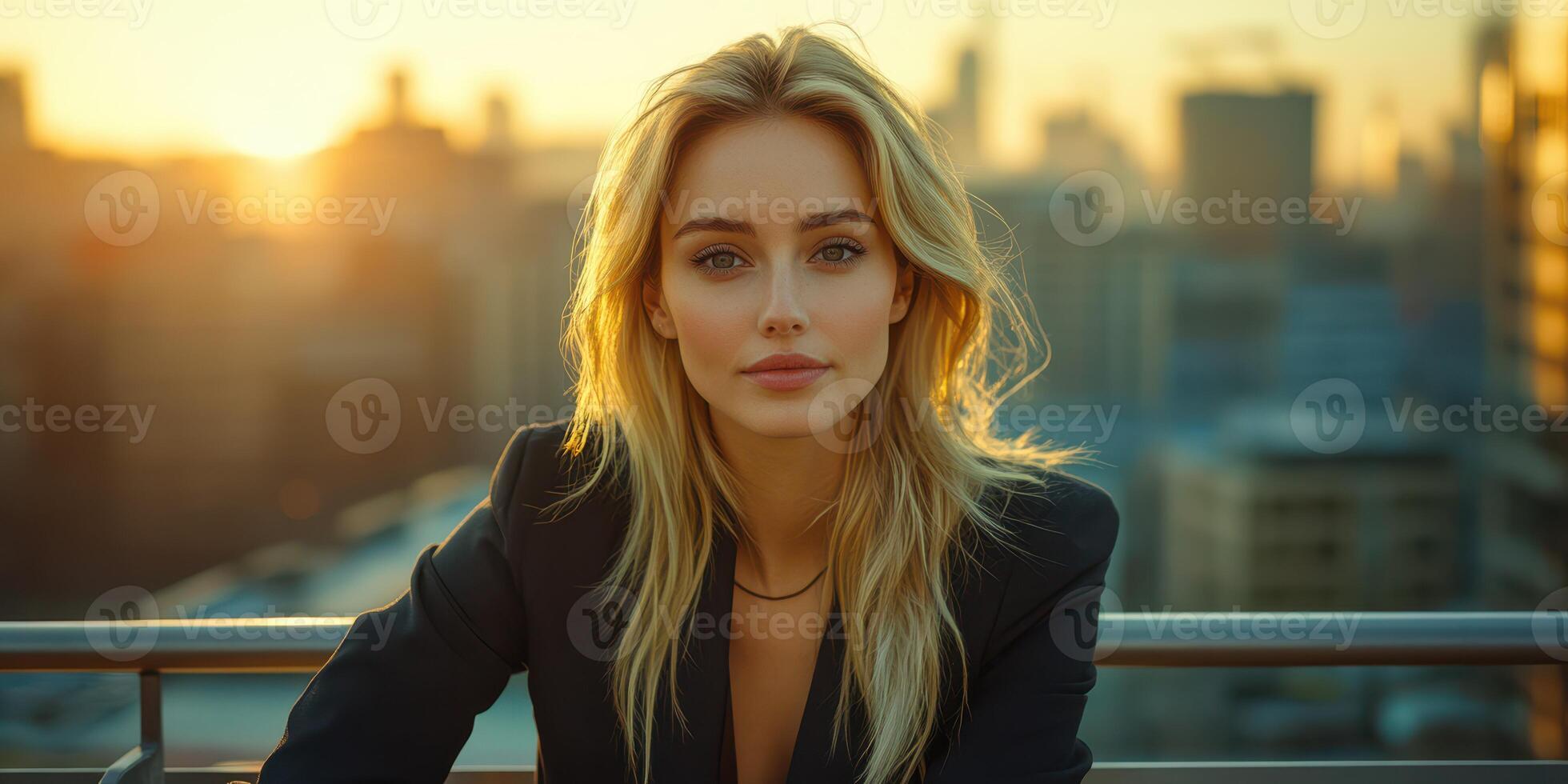 Portrait of a woman with long hair during sunset in an urban setting, showcasing warm tones and a serene expression photo