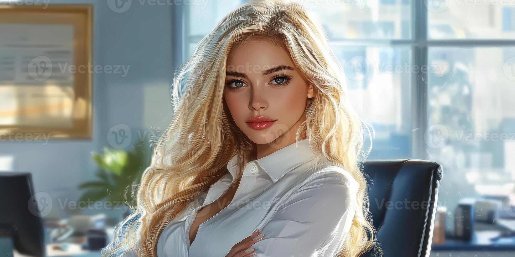 Professional woman with long blonde hair in an office setting during daylight hours photo