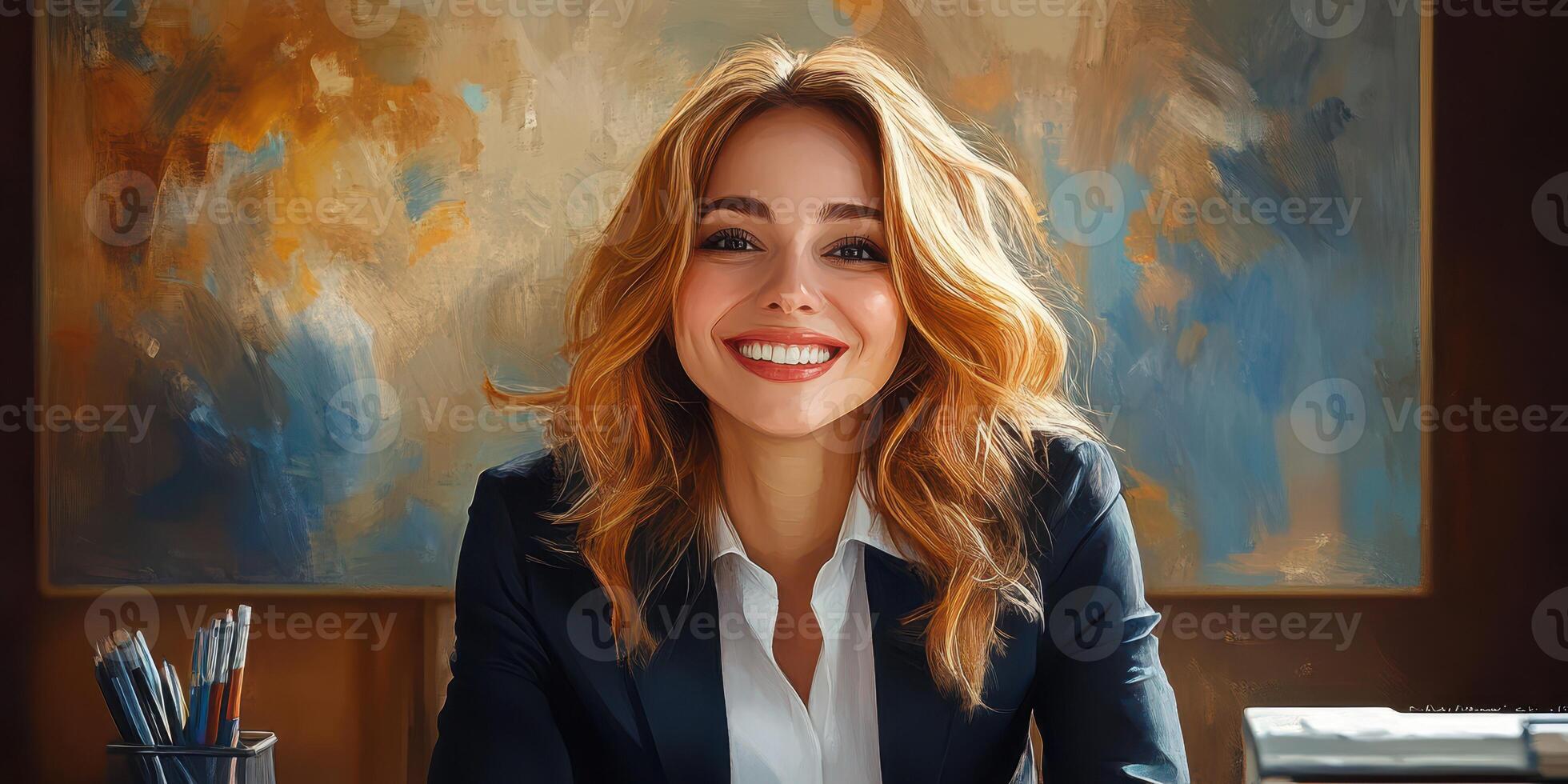 Young professional woman smiles confidently in modern office setting during day photo
