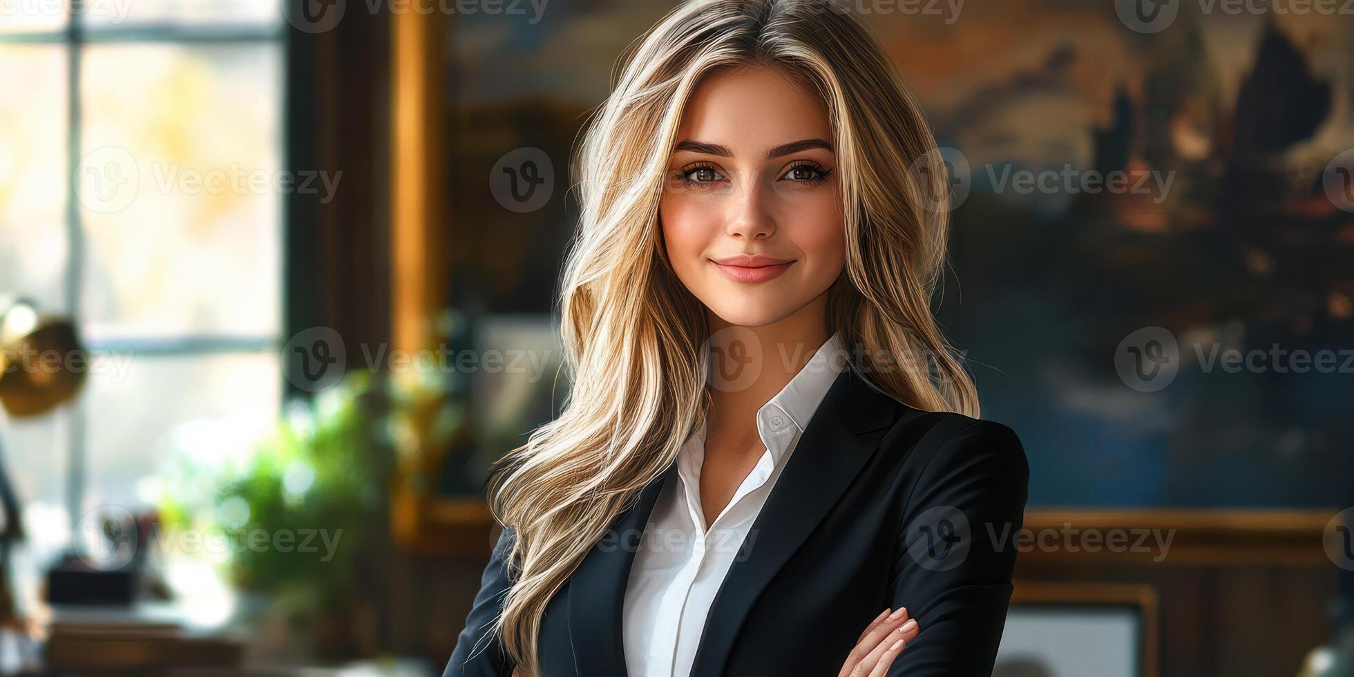 Professional woman in tailored suit smiles confidently in an office setting with elegant decor and artwork in the background photo