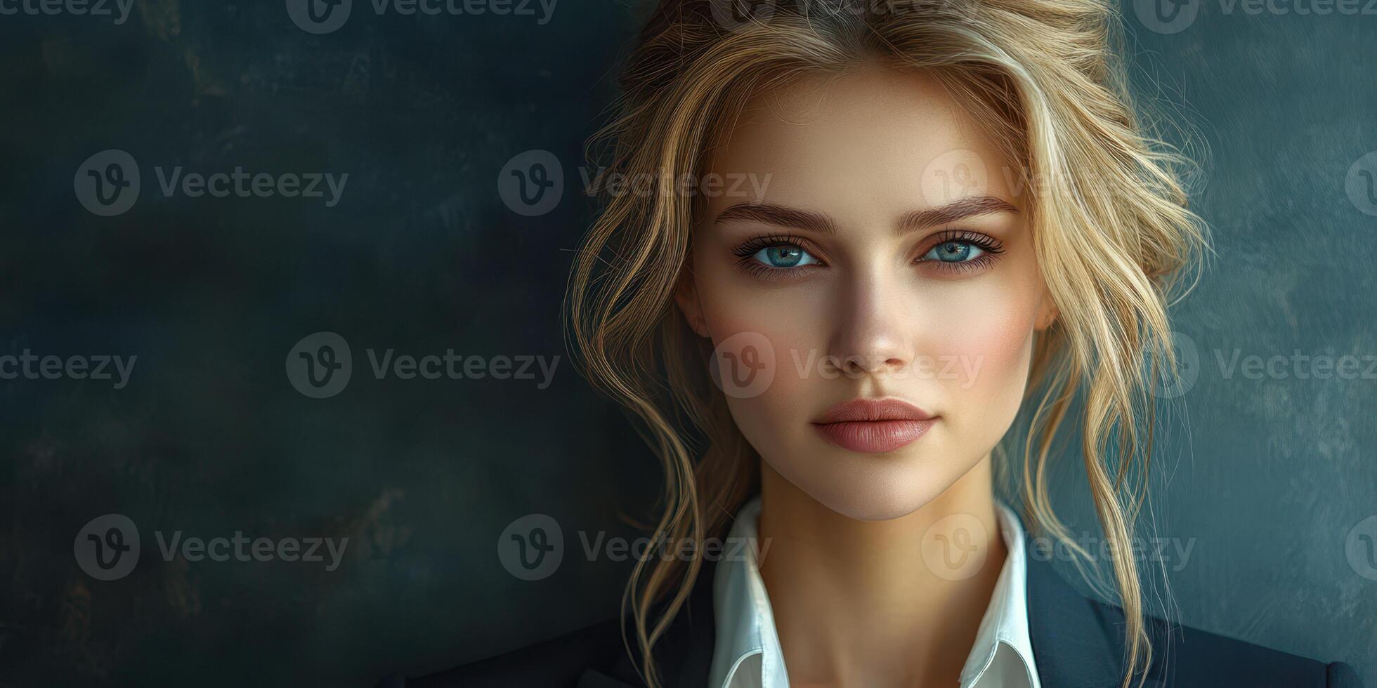 Beautiful woman with striking blue eyes poses elegantly against a dark background in a professional setting photo