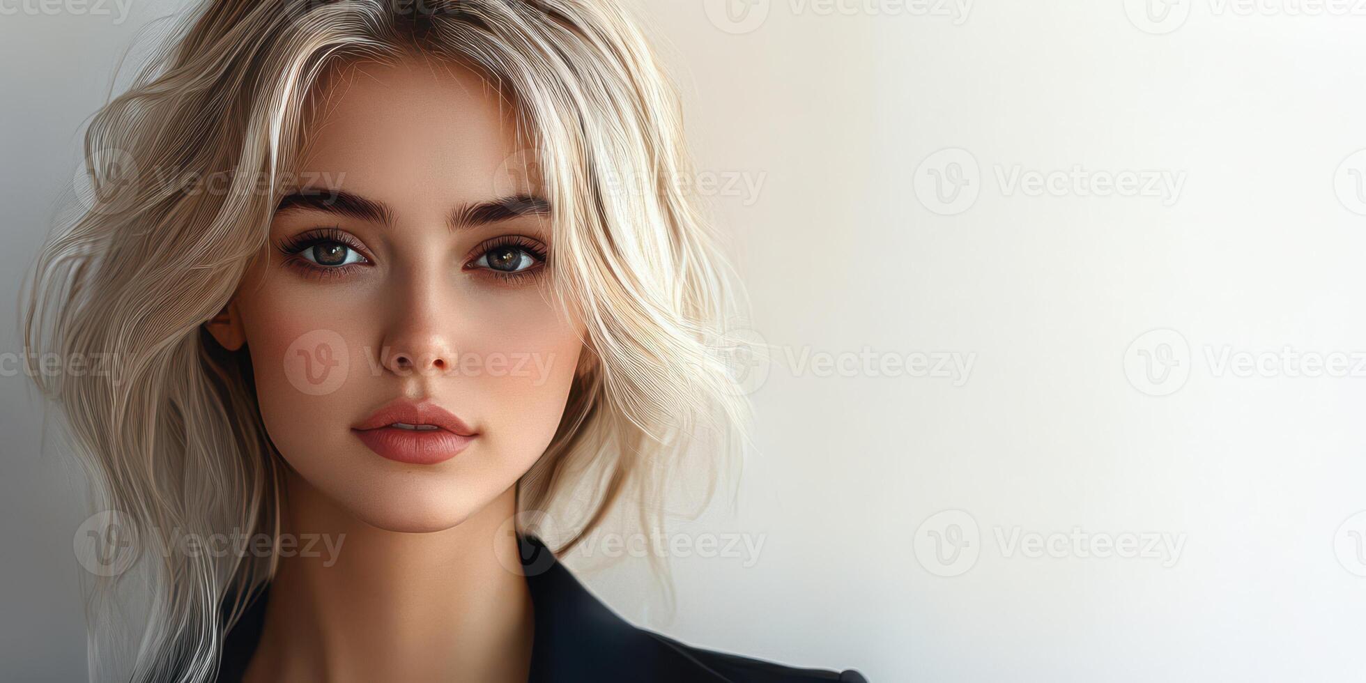 Young woman with wavy blonde hair posing against a neutral background in a stylish outfit during daylight photo