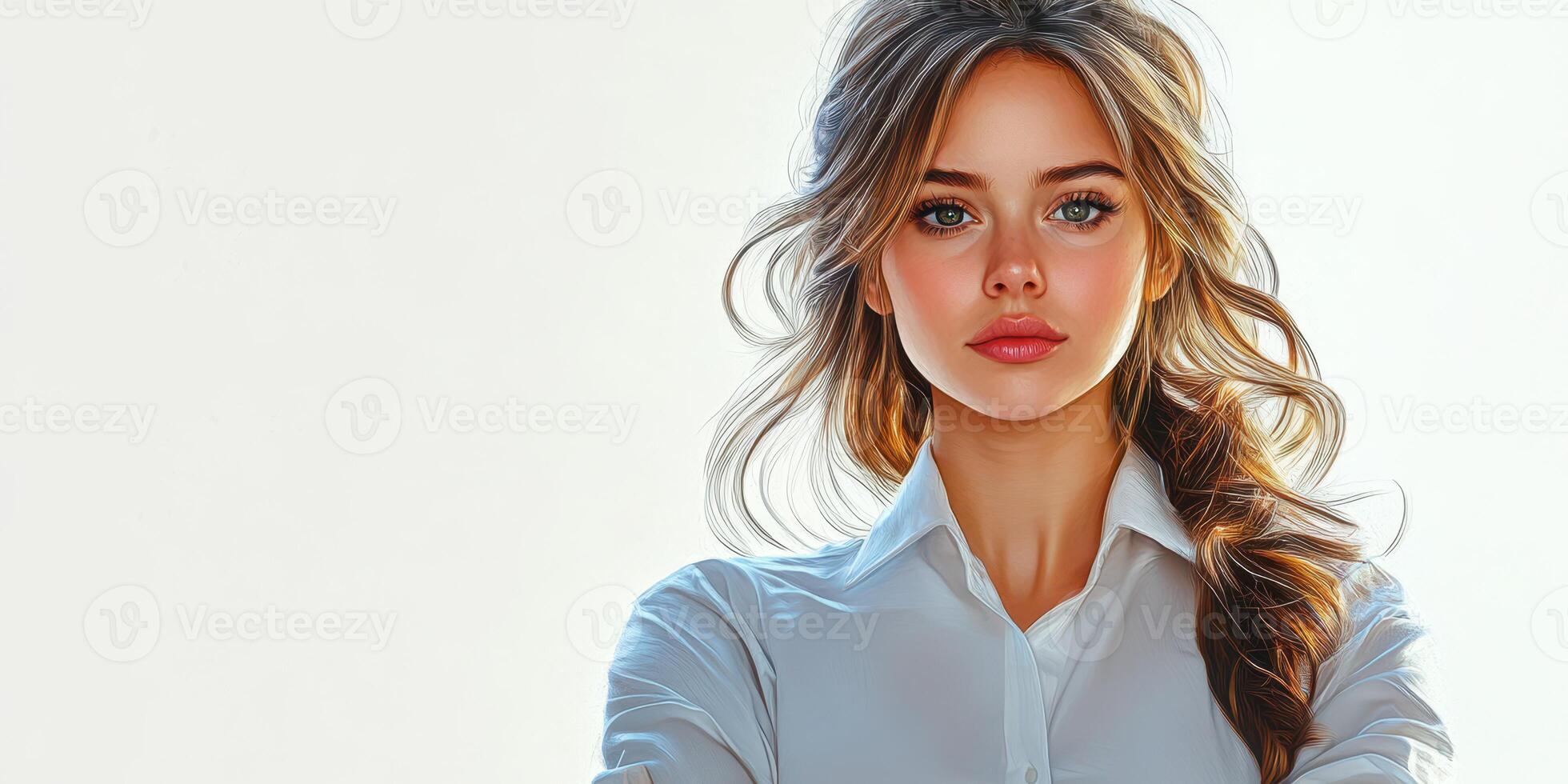 Confident young woman poses against a light background in a stylish white blouse during a bright daytime setting photo