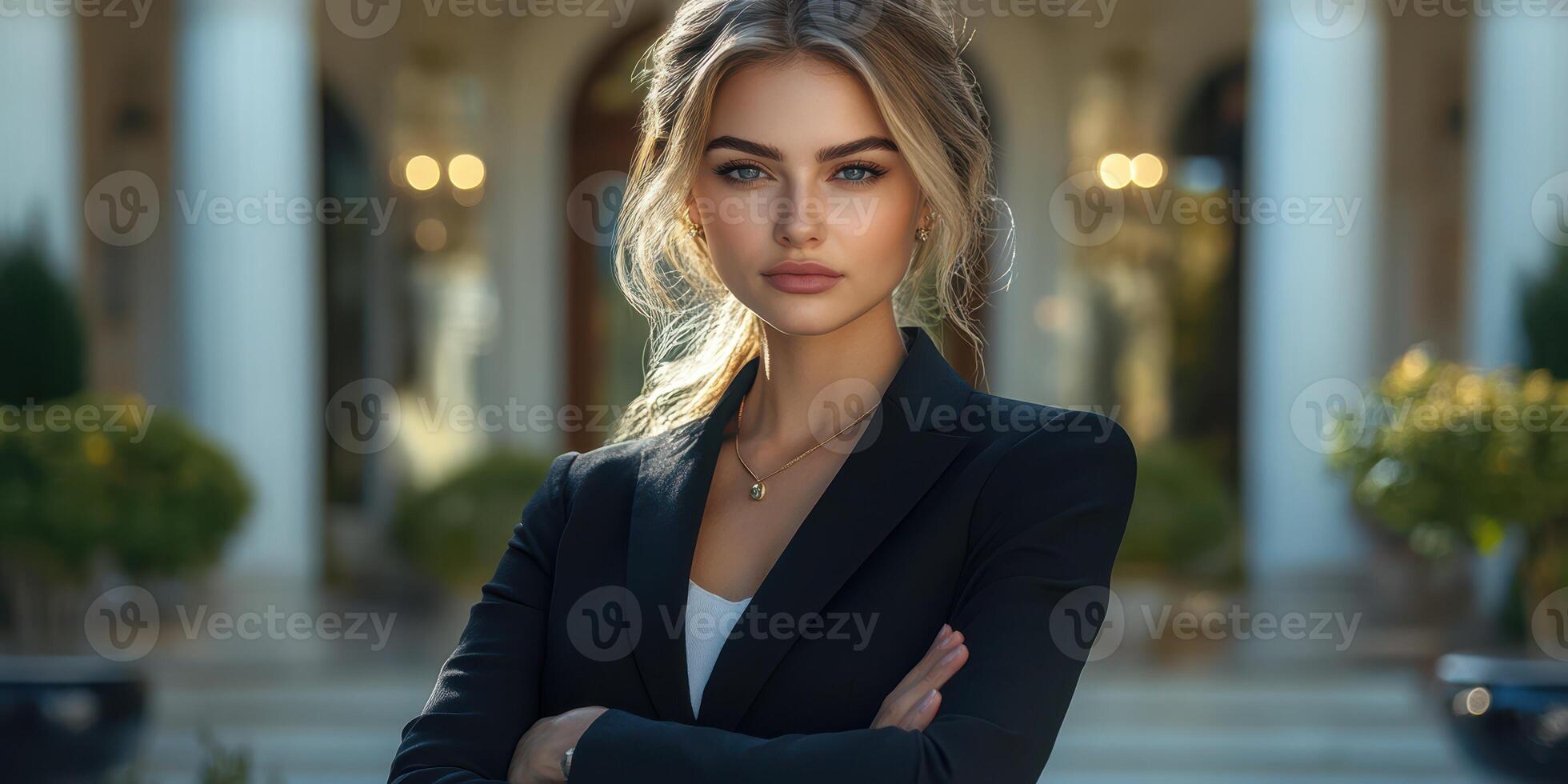 Confident young woman poses in elegant setting, showcasing determination and strength photo