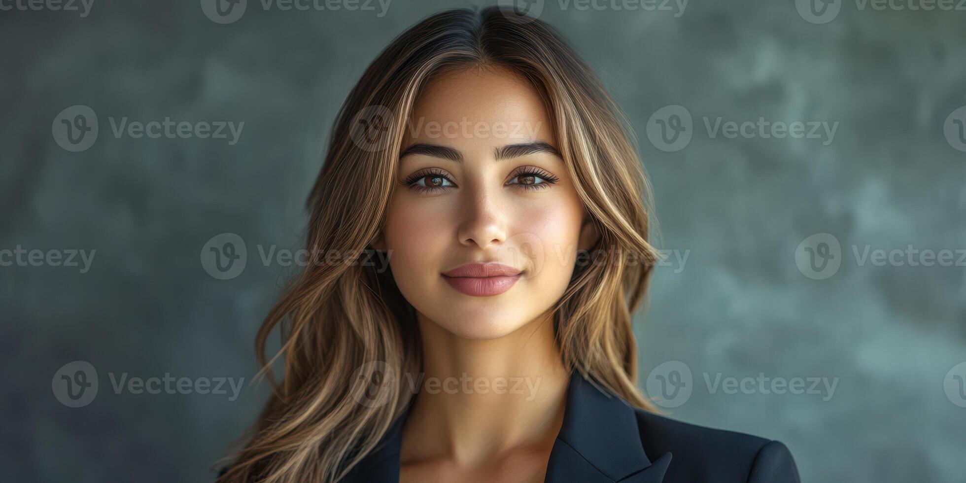 Woman with long brown hair wearing a dark blazer poses confidently against a softly blurred background in a studio setting photo