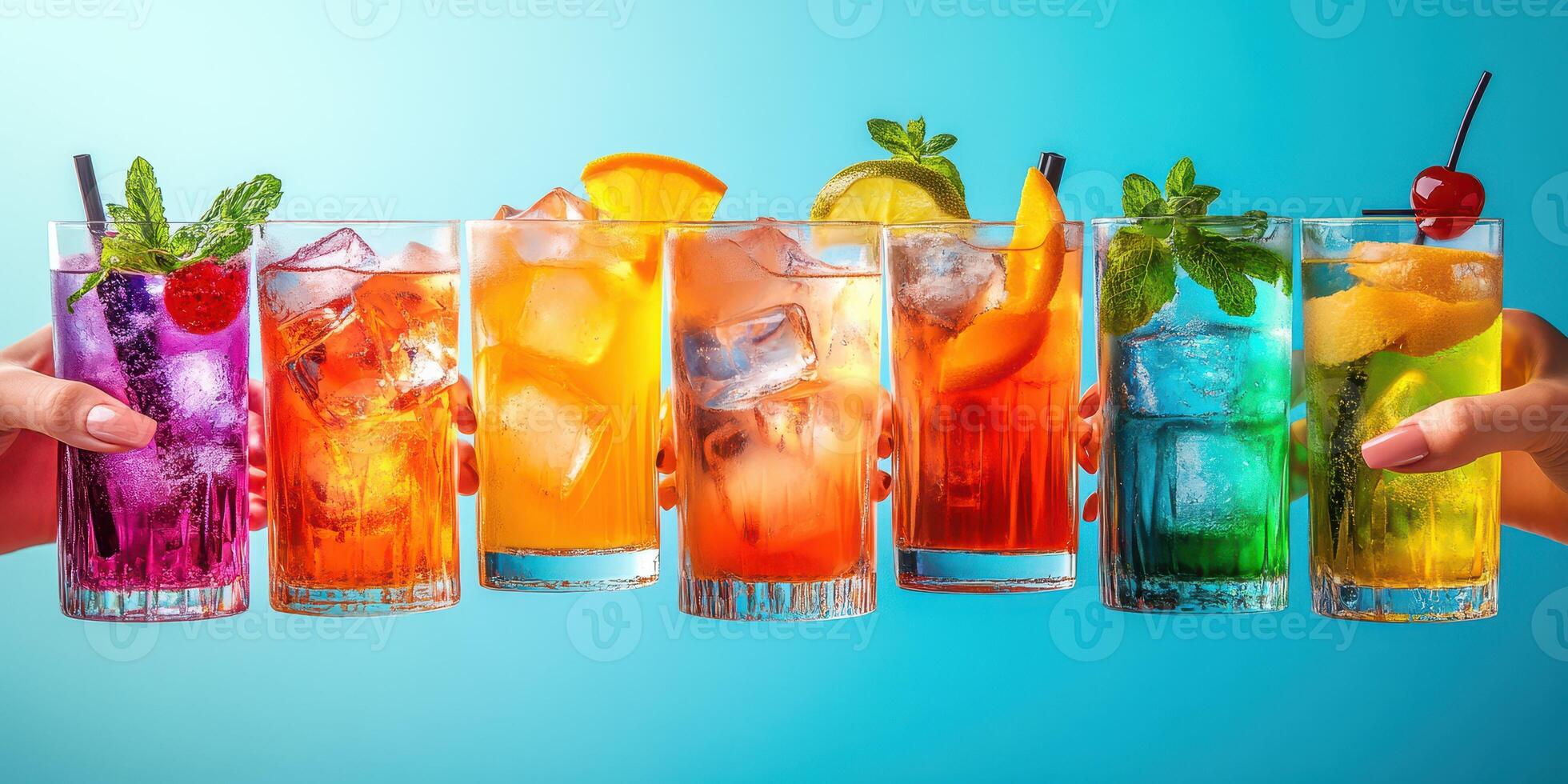 Colorful assortment of vibrant cocktails served on a bright backdrop during a summer gathering photo