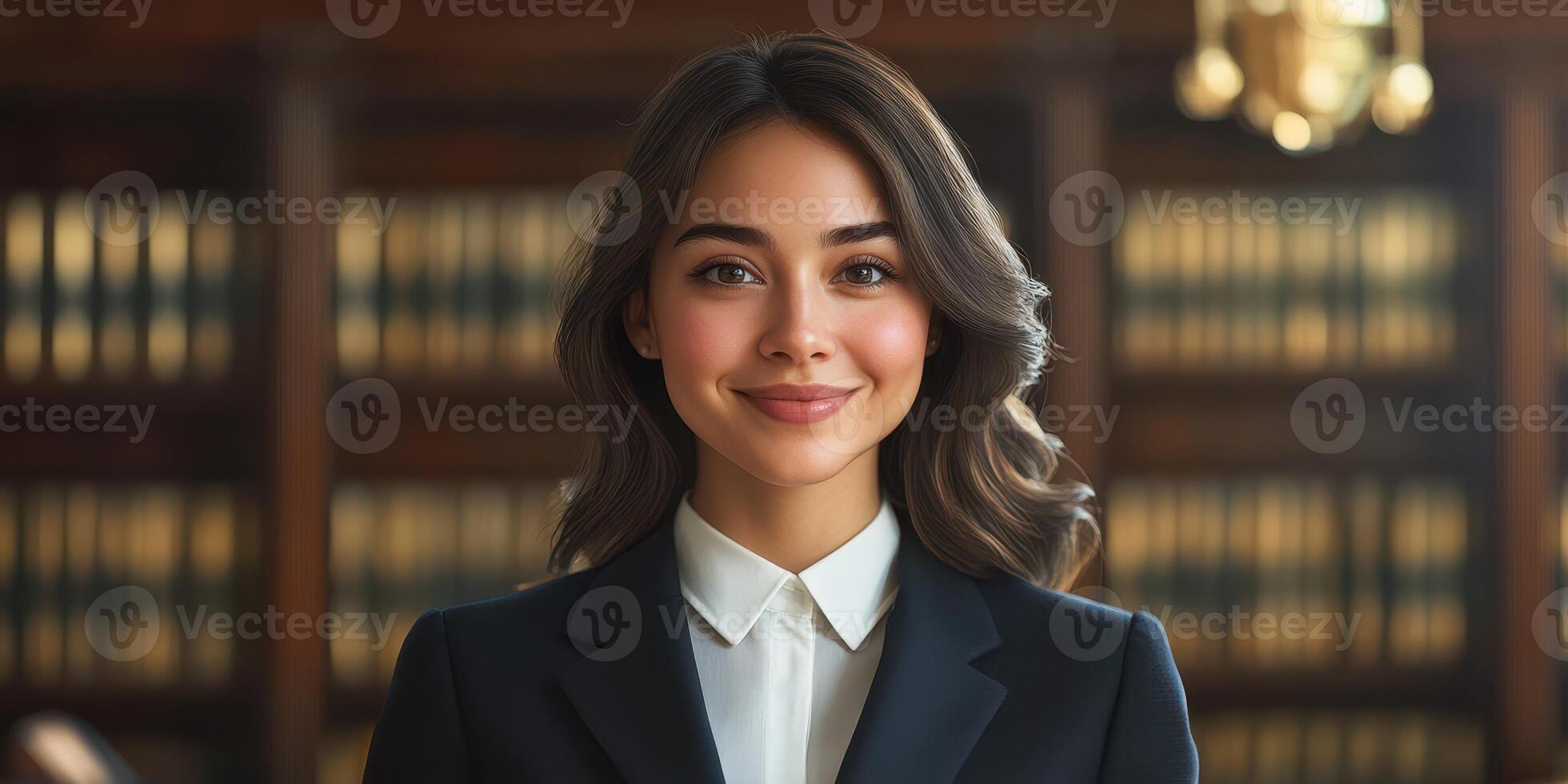 Young professional woman smiles confidently in a law office filled with bookshelves during working hours photo