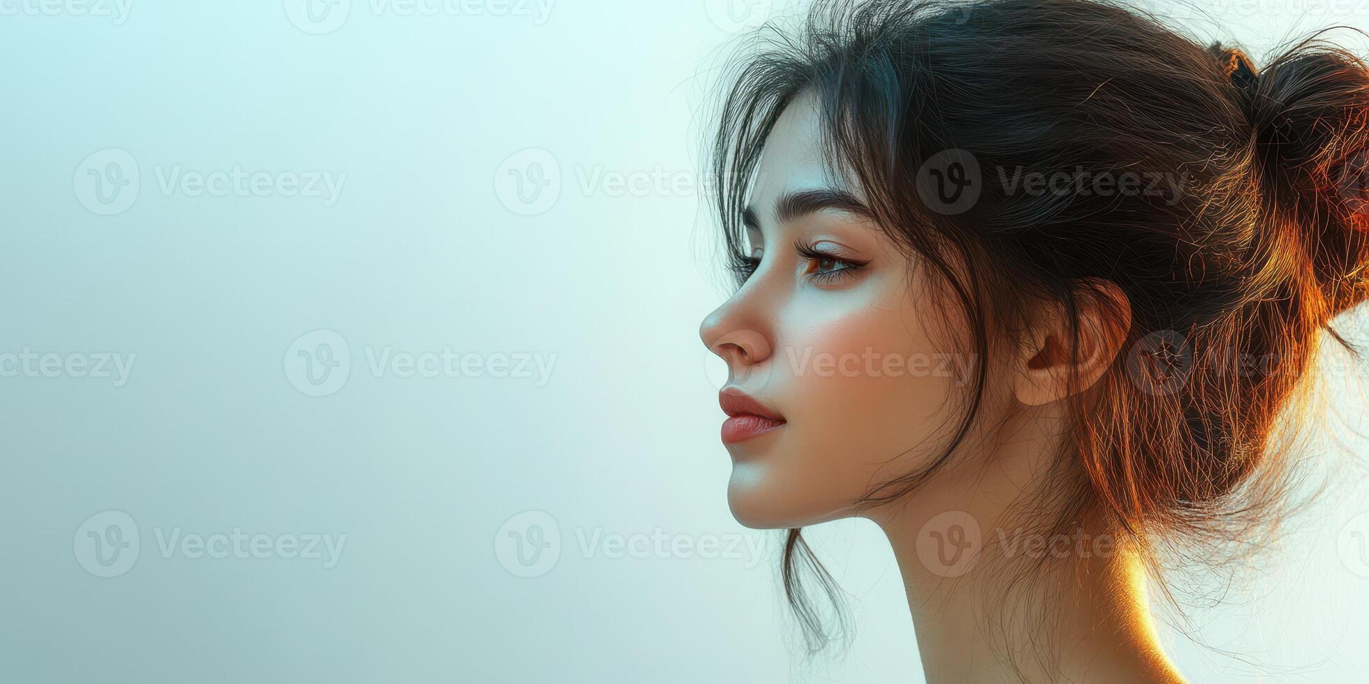 Portrait of a young woman with a serene expression illuminated by soft light in a tranquil setting photo