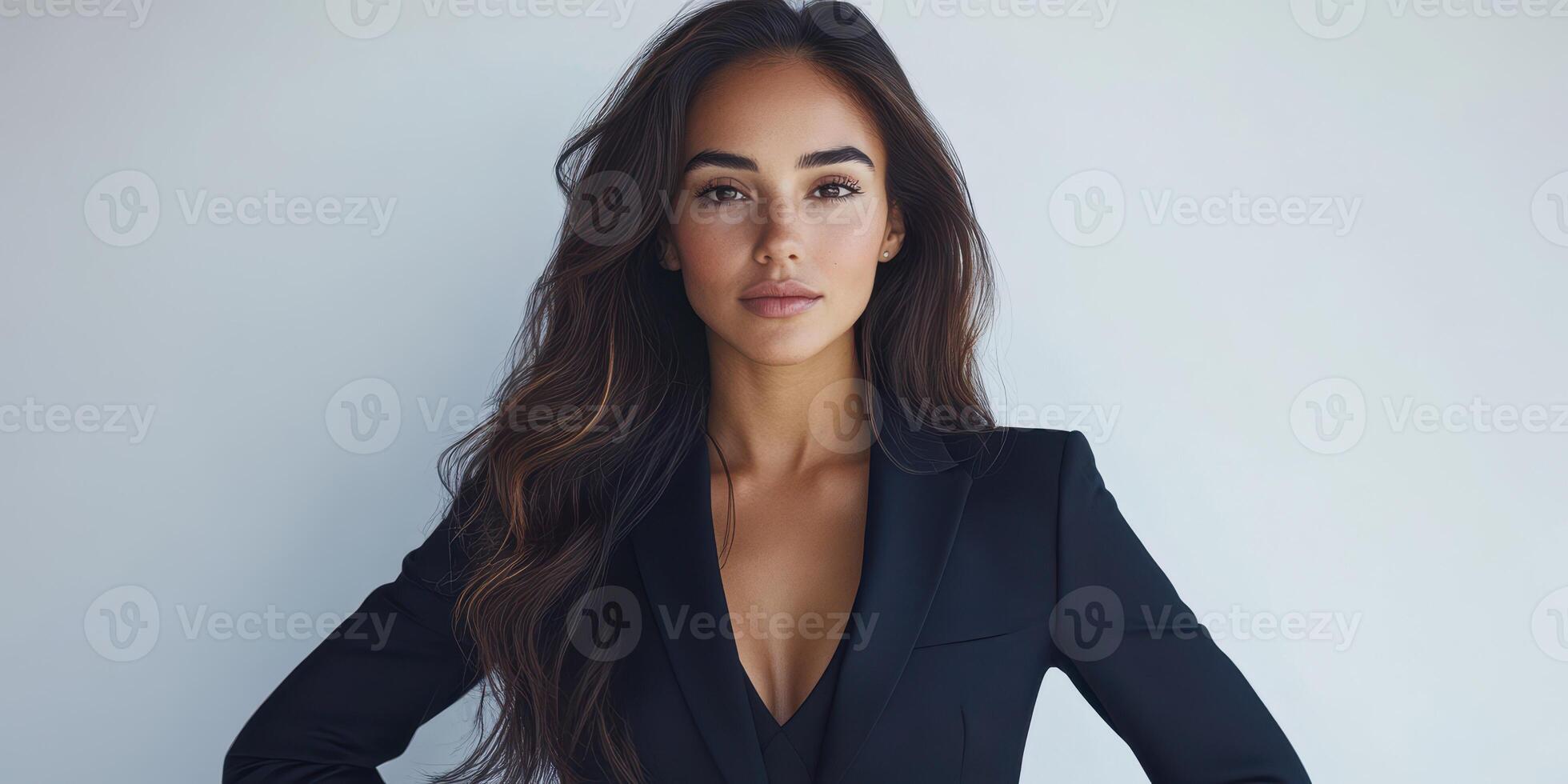 Confident woman poses in a sleek black suit against a light background showcasing elegance and strength in a modern setting photo