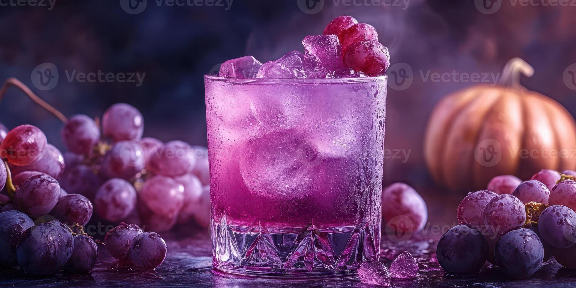 Refreshing purple drink with grapes and pumpkins set against a dark background during autumn evening photo