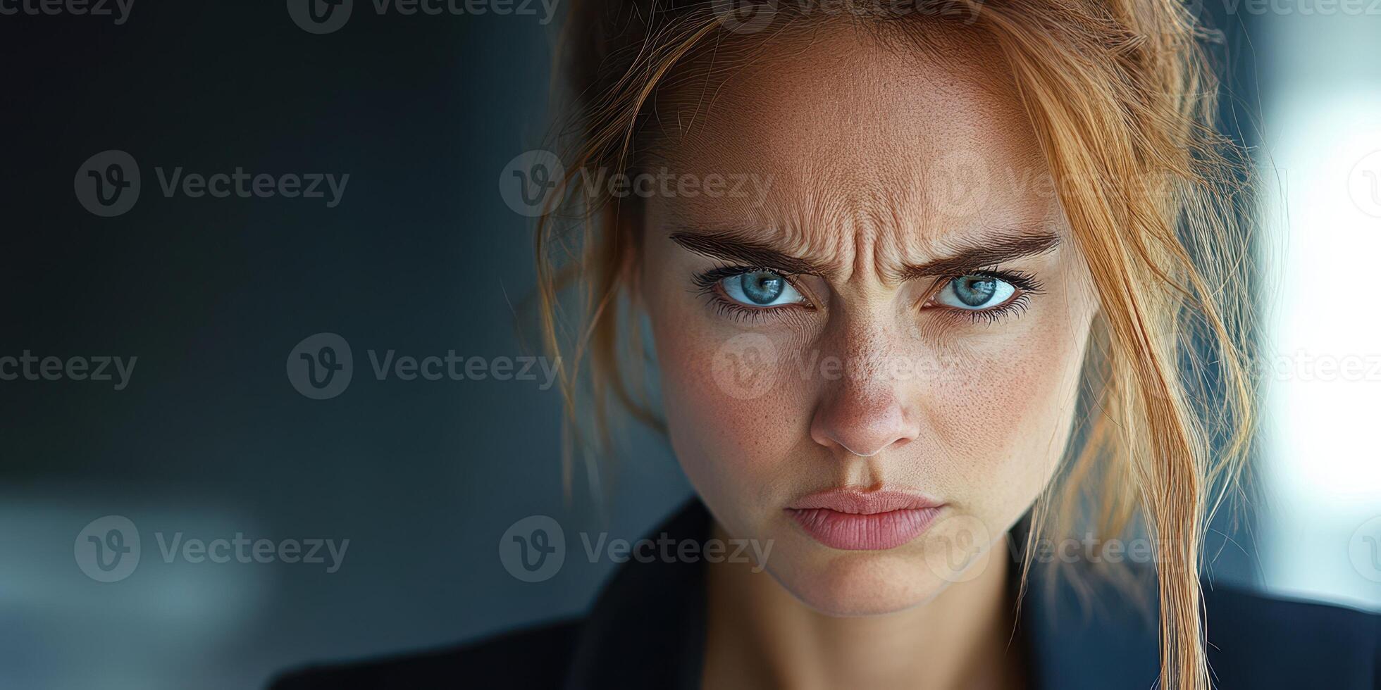 Intense expression of a woman with blue eyes and red hair in a modern indoor setting during the day photo