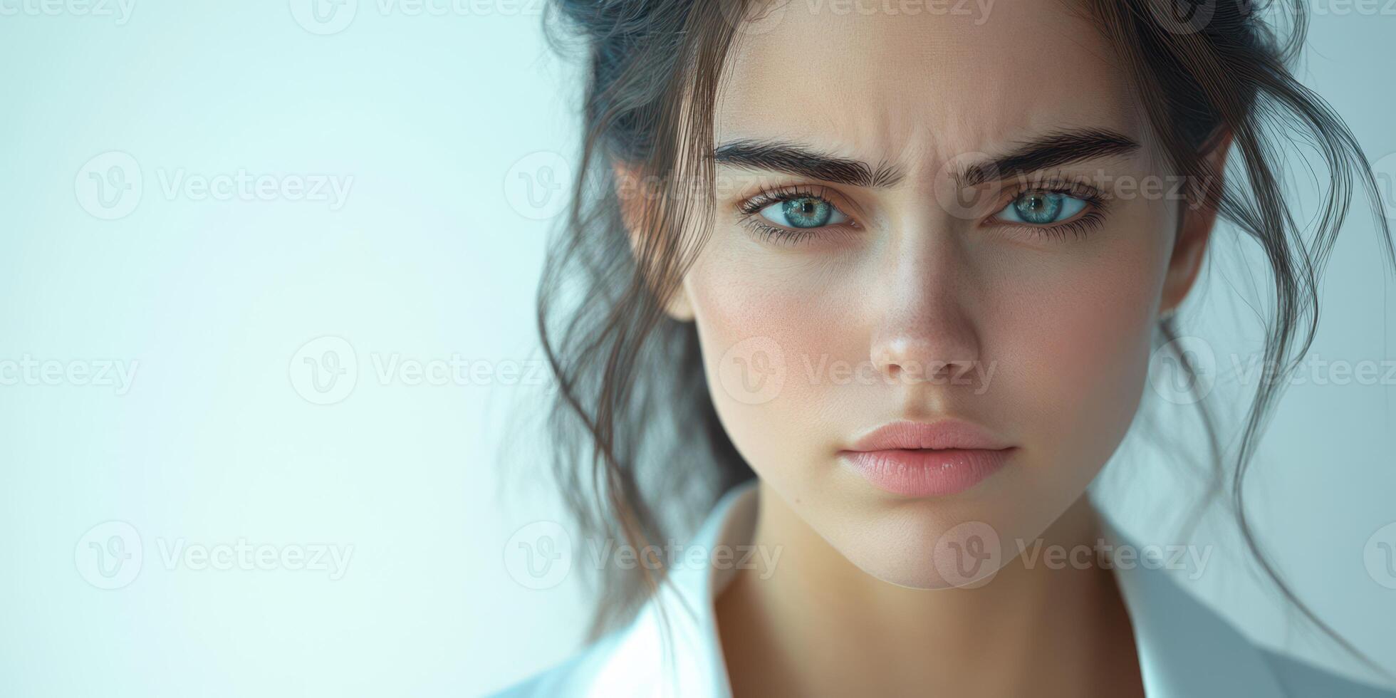 Young woman with intense blue eyes expressing emotions in a serene background during daylight photo
