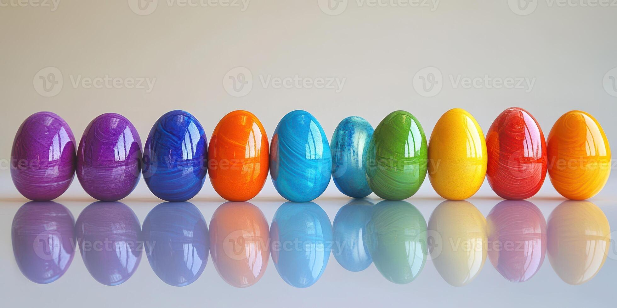 Colorful decorated eggs in a row reflecting on a smooth surface amidst a plain backdrop photo