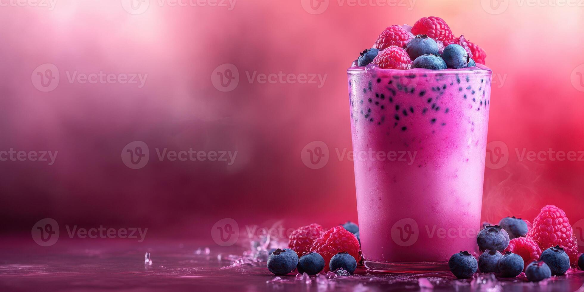 Refreshing berry smoothie served in a tall glass with blueberries and raspberries on a colorful background photo