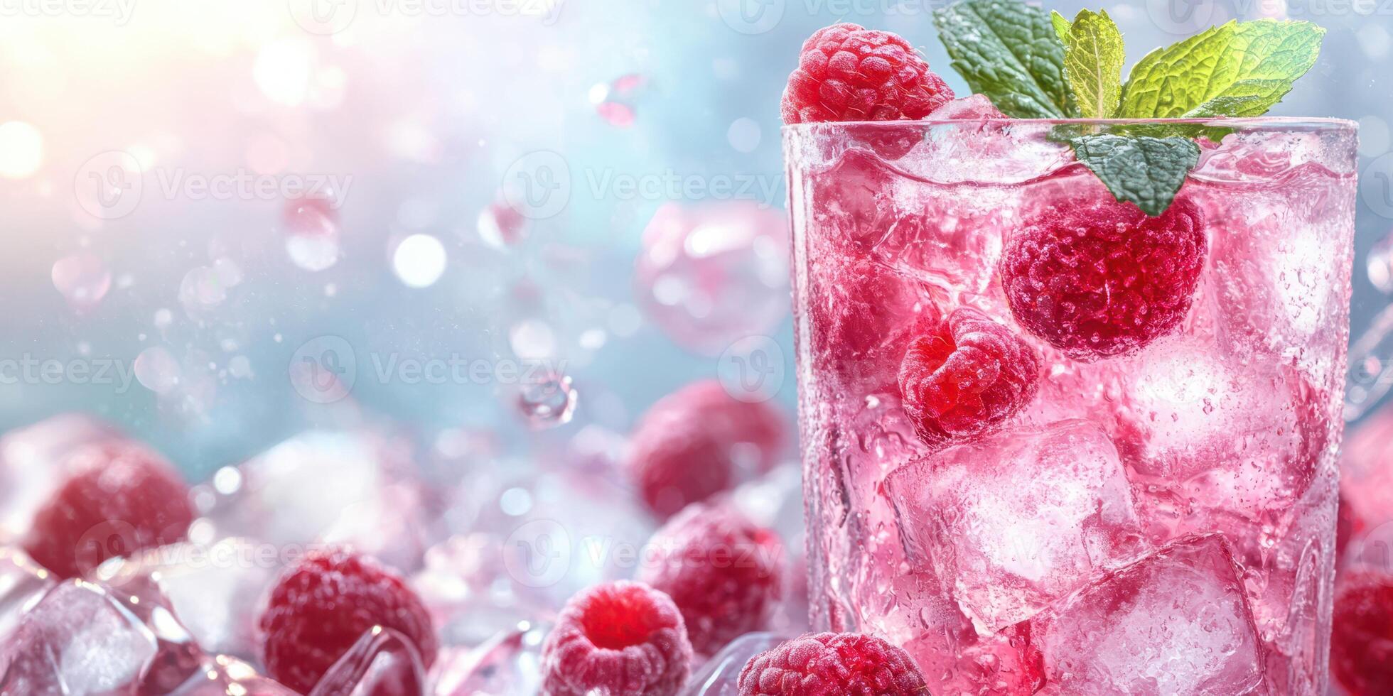 Refreshing raspberry drink served over ice in a clear glass with mint leaves on a summer evening photo
