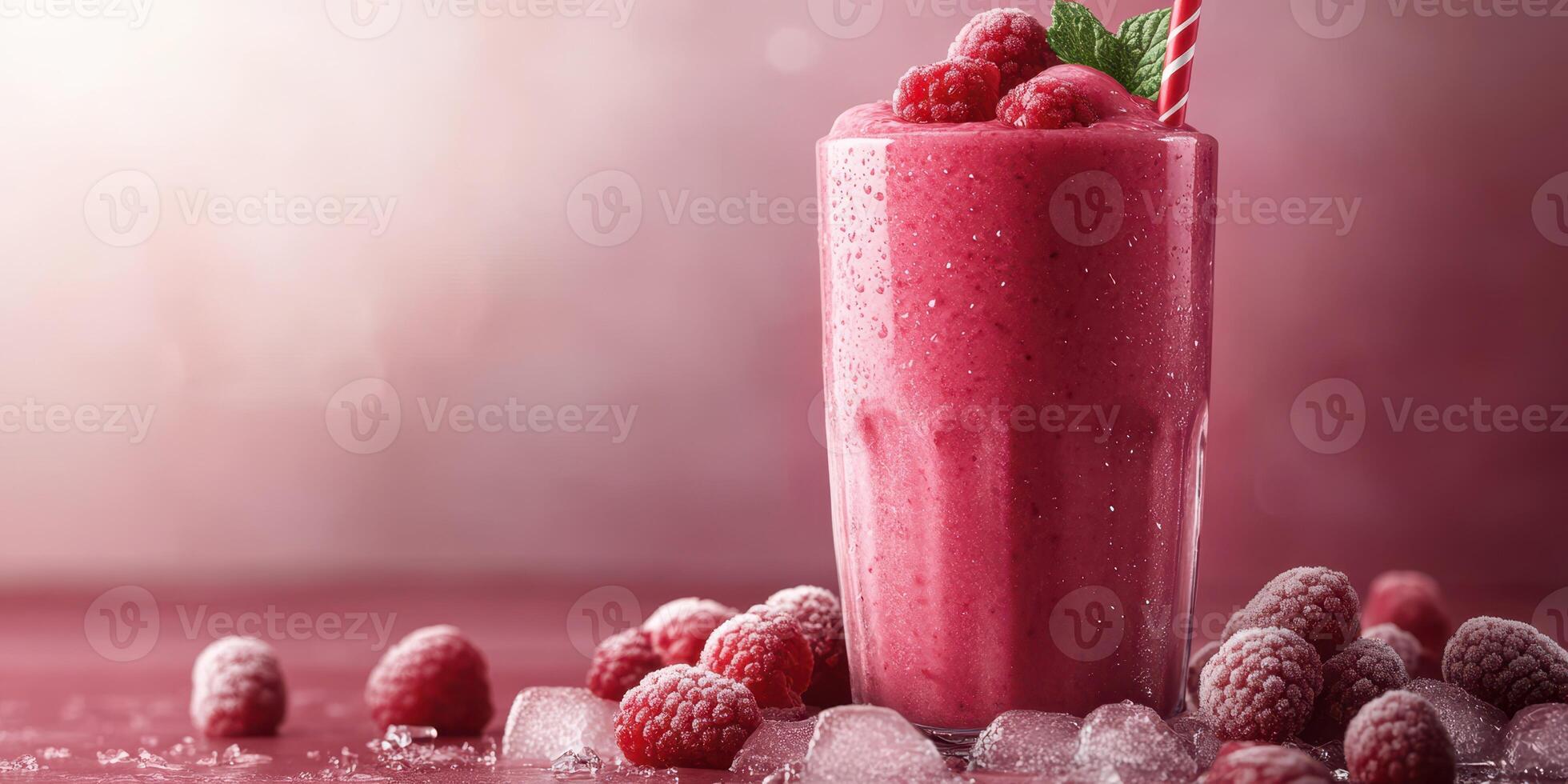 Raspberry smoothie in a glass with fresh berries and ice on a pink background photo