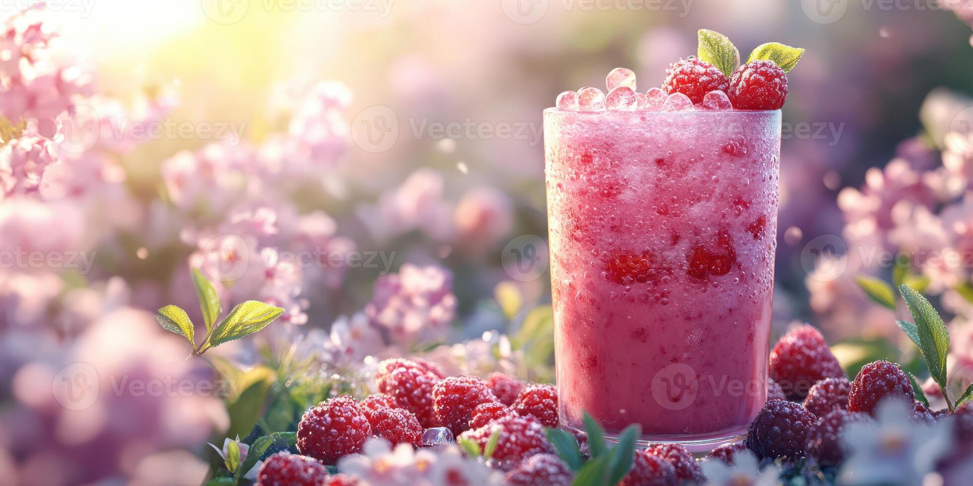 Refreshing raspberry drink surrounded by blooming flowers at golden hour in a vibrant garden setting photo