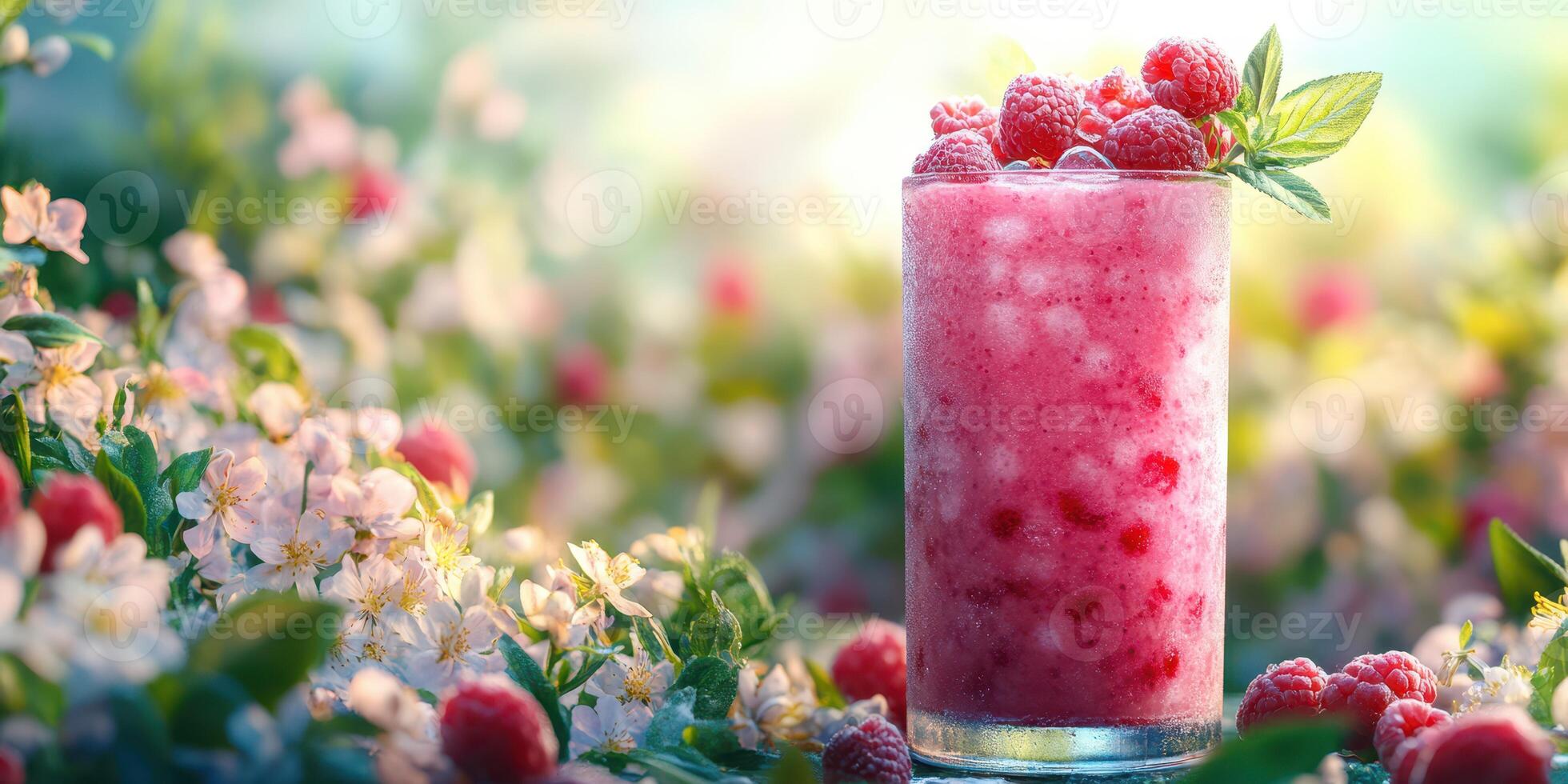 Refreshing raspberry drink garnished with mint leaves placed amidst blooming flowers during a sunny day photo