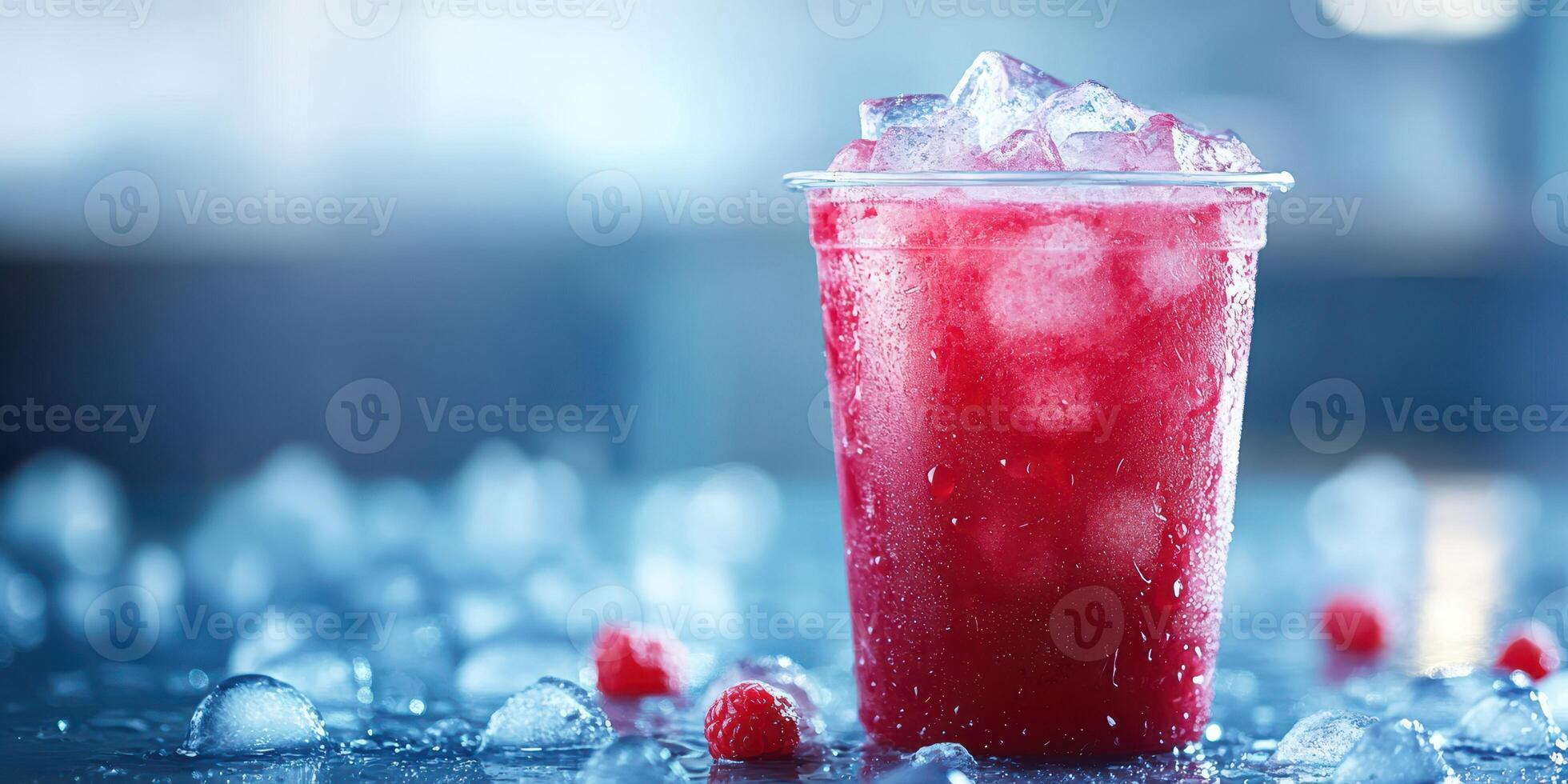 Refreshing raspberry drink with ice in a clear cup on a chilly surface photo