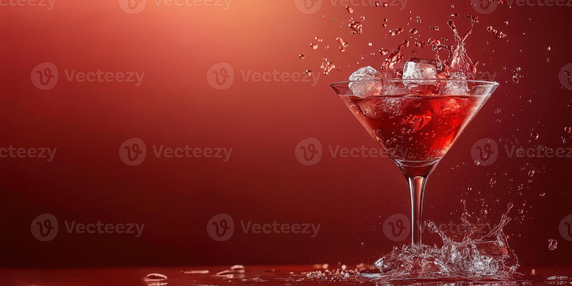 Refreshing cocktail splashes with ice in a glass against a vibrant red background during a lively evening gathering photo