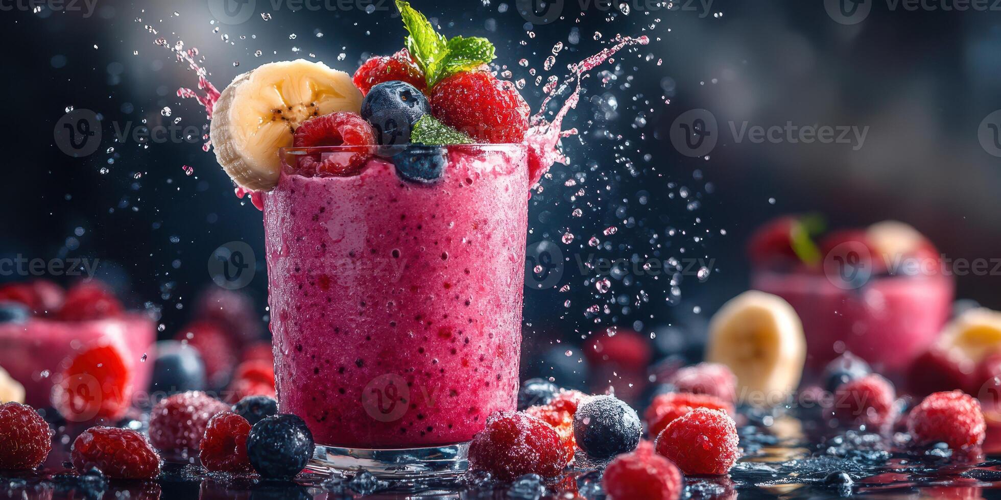 Colorful berry smoothie splashes in glass surrounded by fresh fruits on a dark background photo