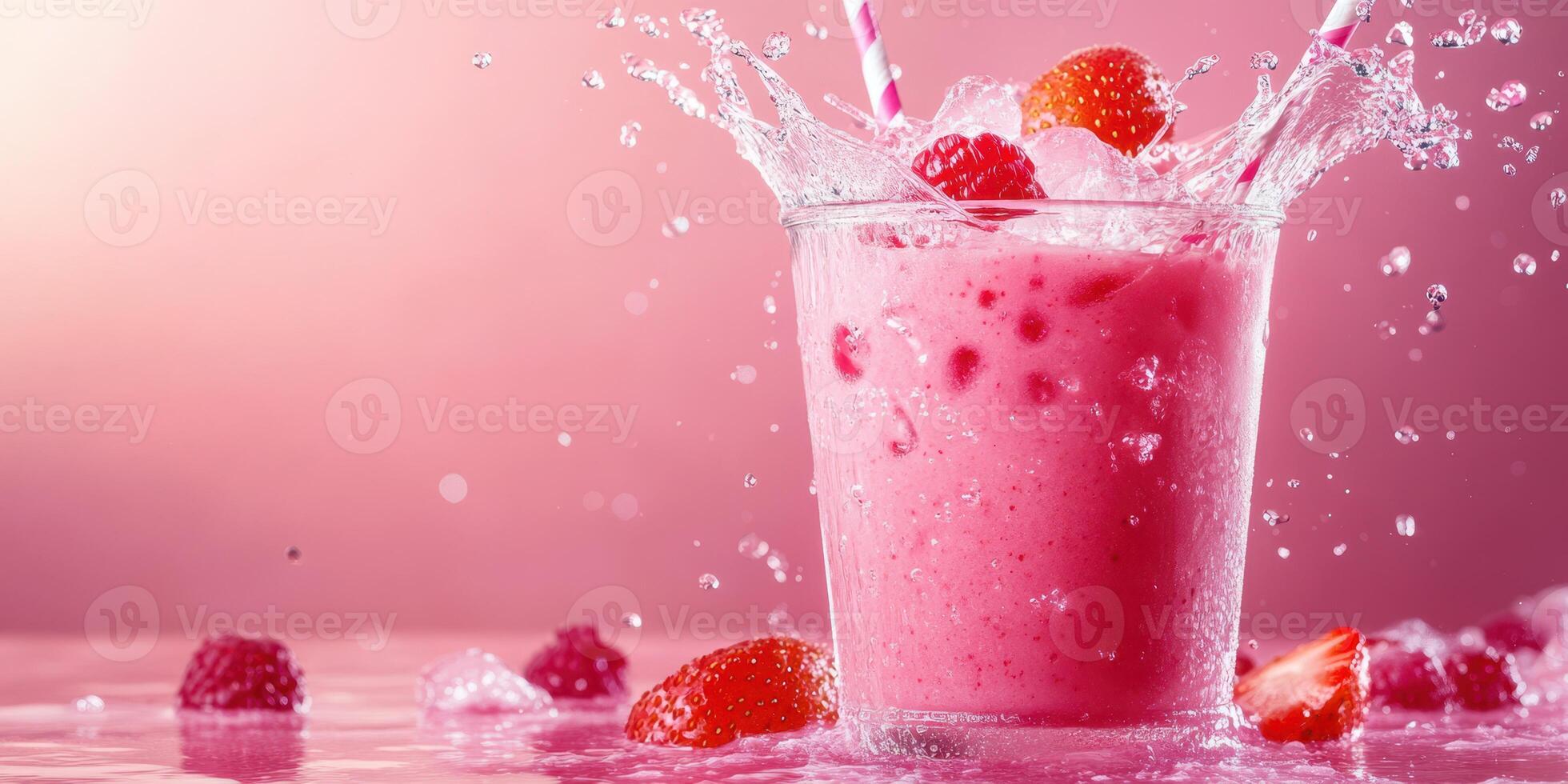 Raspberry smoothie splashes in a glass surrounded by fresh berries on a pink surface photo