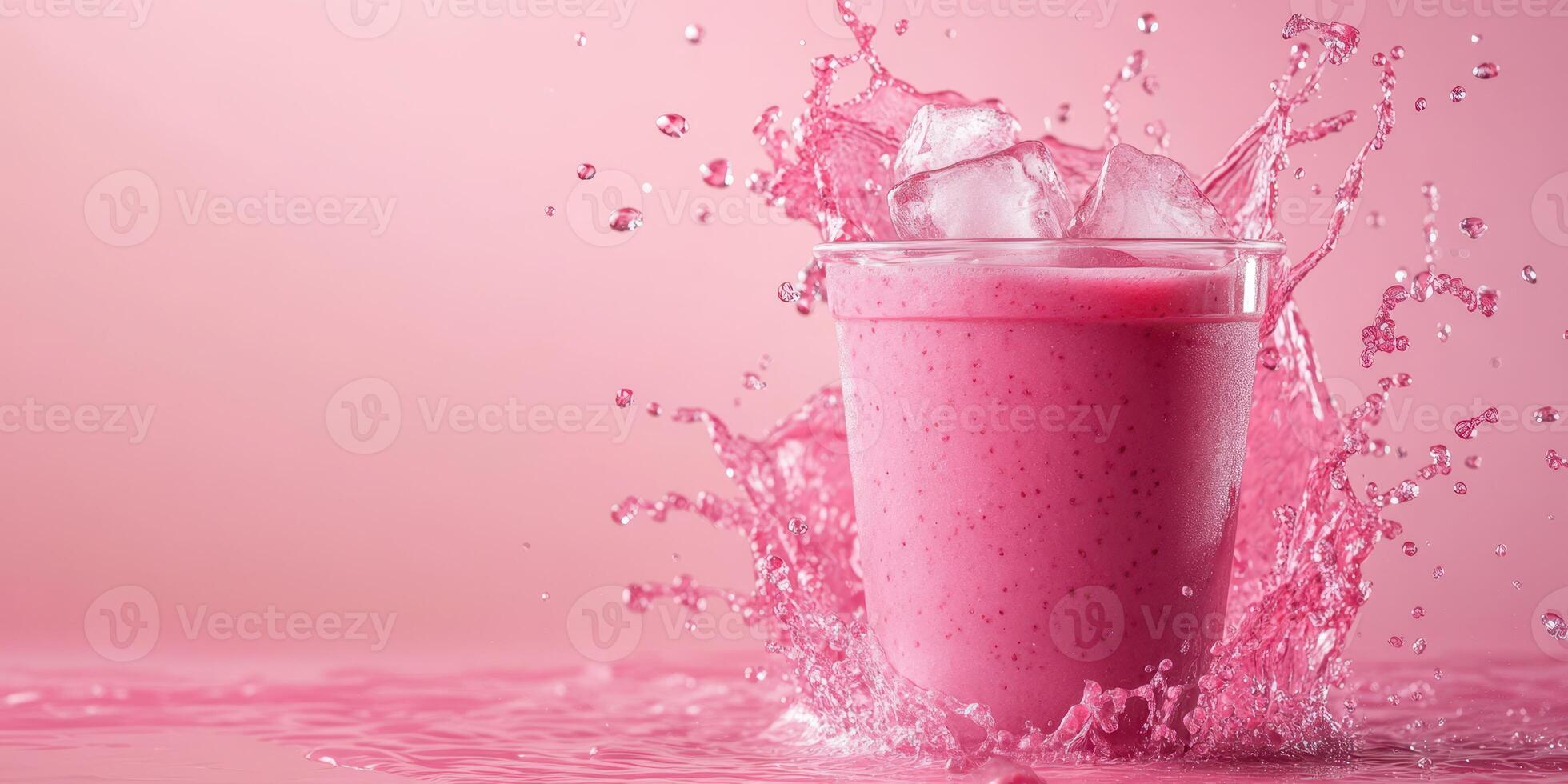 Bright pink smoothie splashes in a glass against a pink backdrop with ice cubes and droplets of water photo