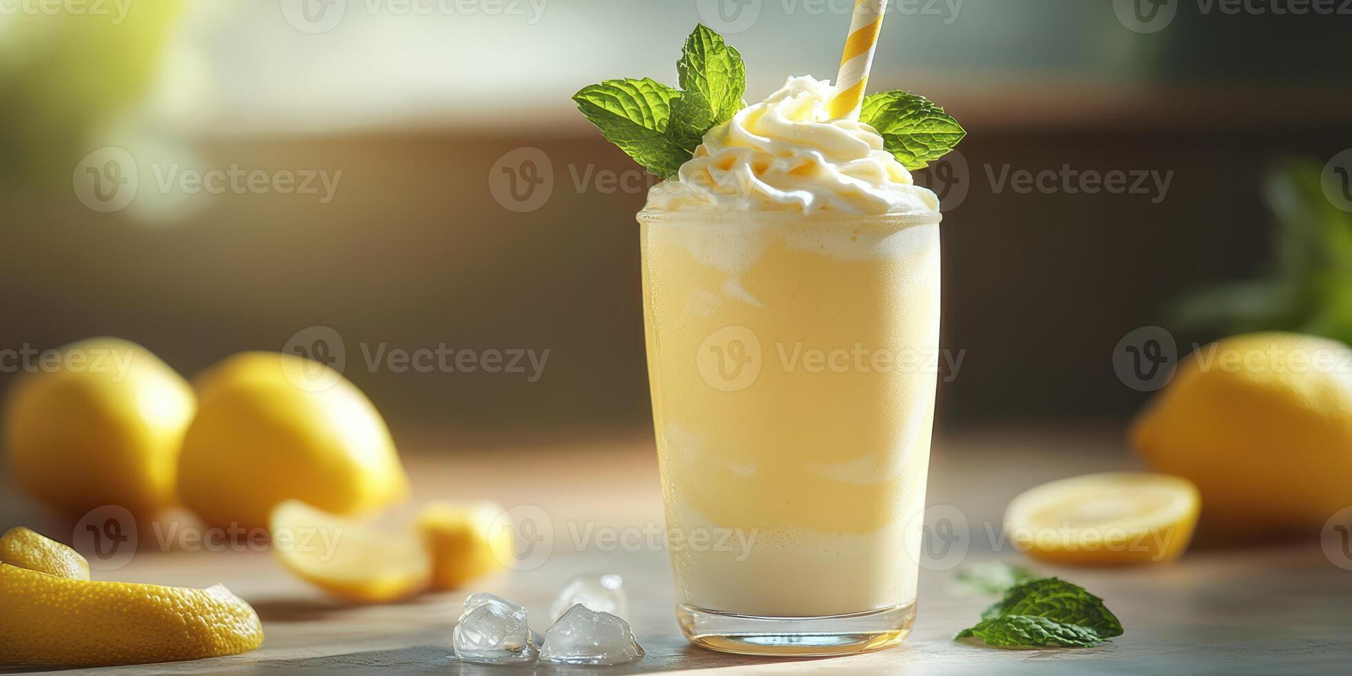 Refreshing lemon shake with mint and whipped cream served in a tall glass with ice and fresh lemons on the side photo