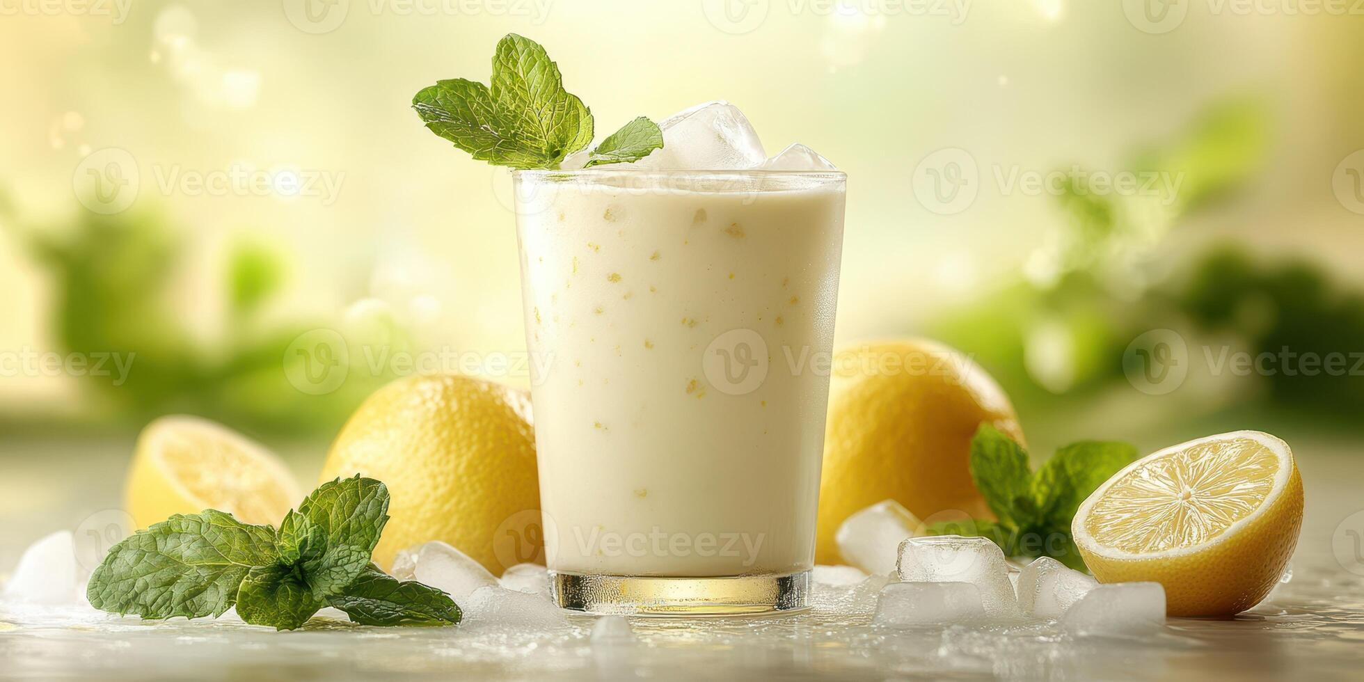 Refreshing creamy beverage with mint and lemons displayed on ice in a bright setting photo