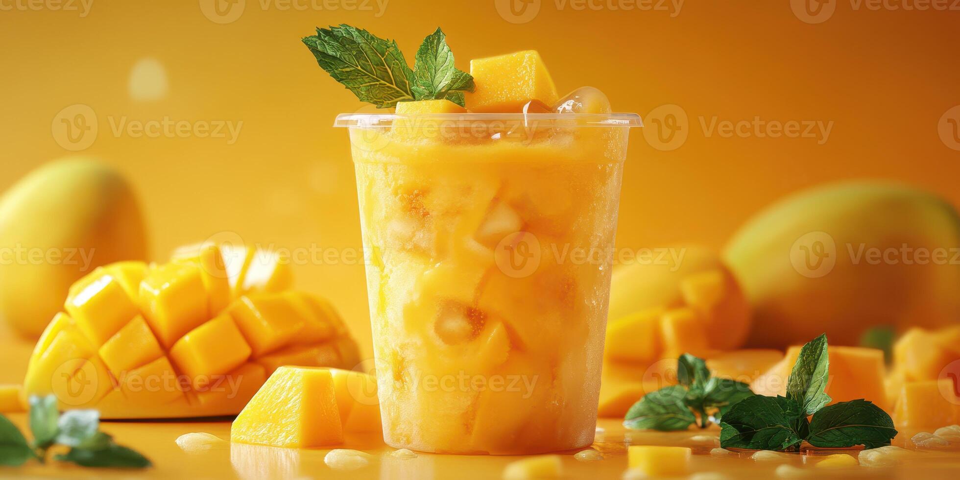 Refreshing mango smoothie with fresh mango cubes and mint leaves on a vibrant orange background photo