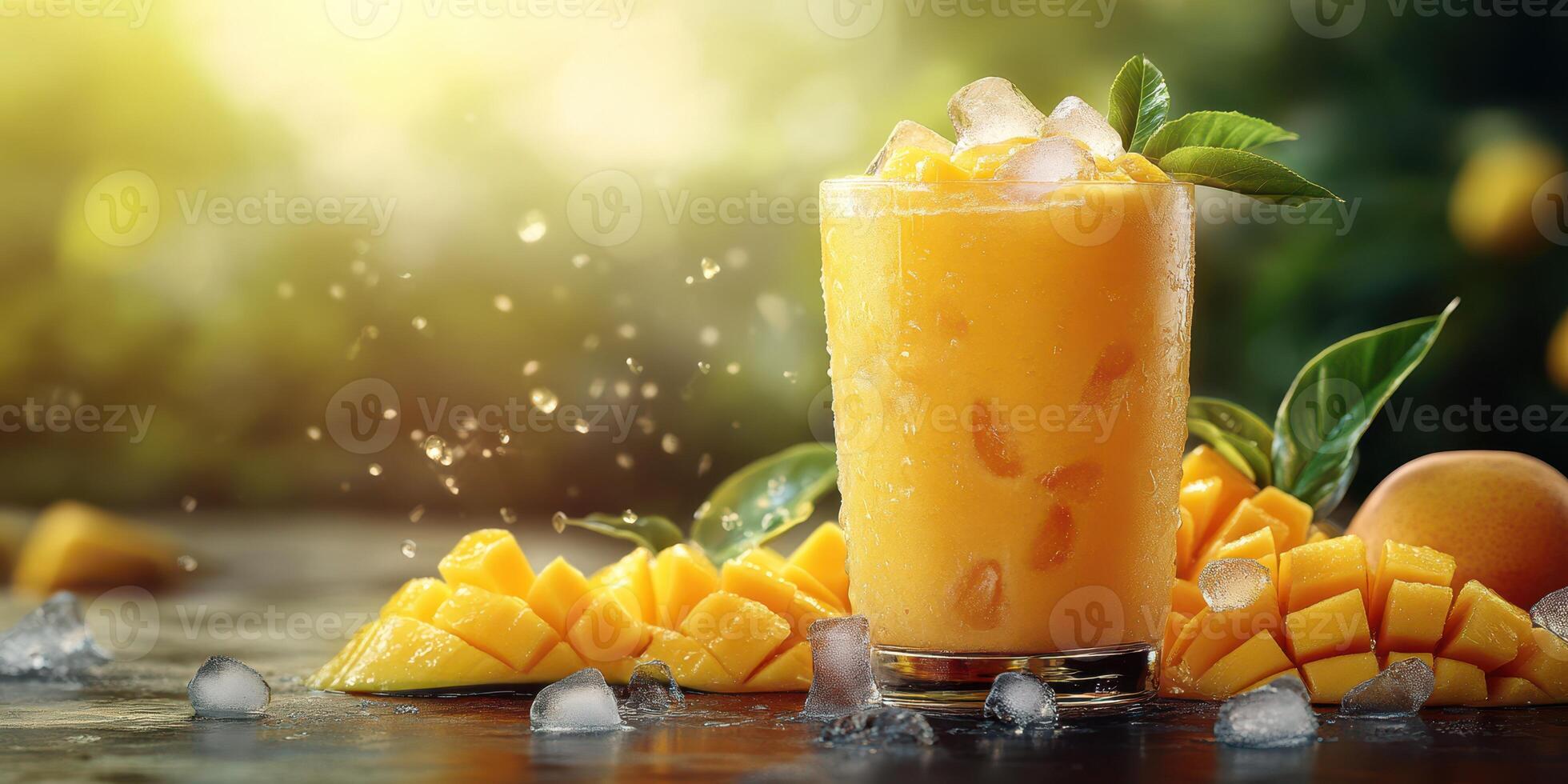 Refreshing mango smoothie with ice served in a glass surrounded by fresh mango chunks in a sunny outdoor setting photo
