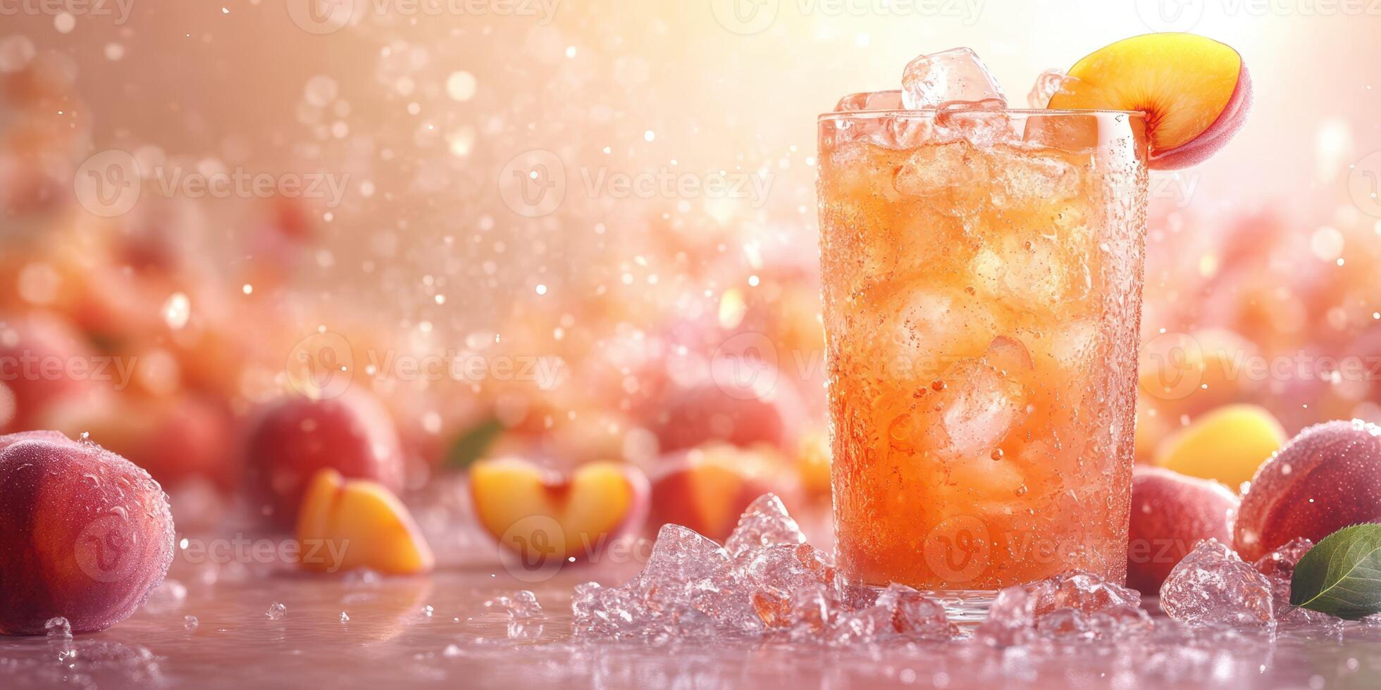 Refreshing peach beverage with ice and fruit surrounded by fresh peaches photo