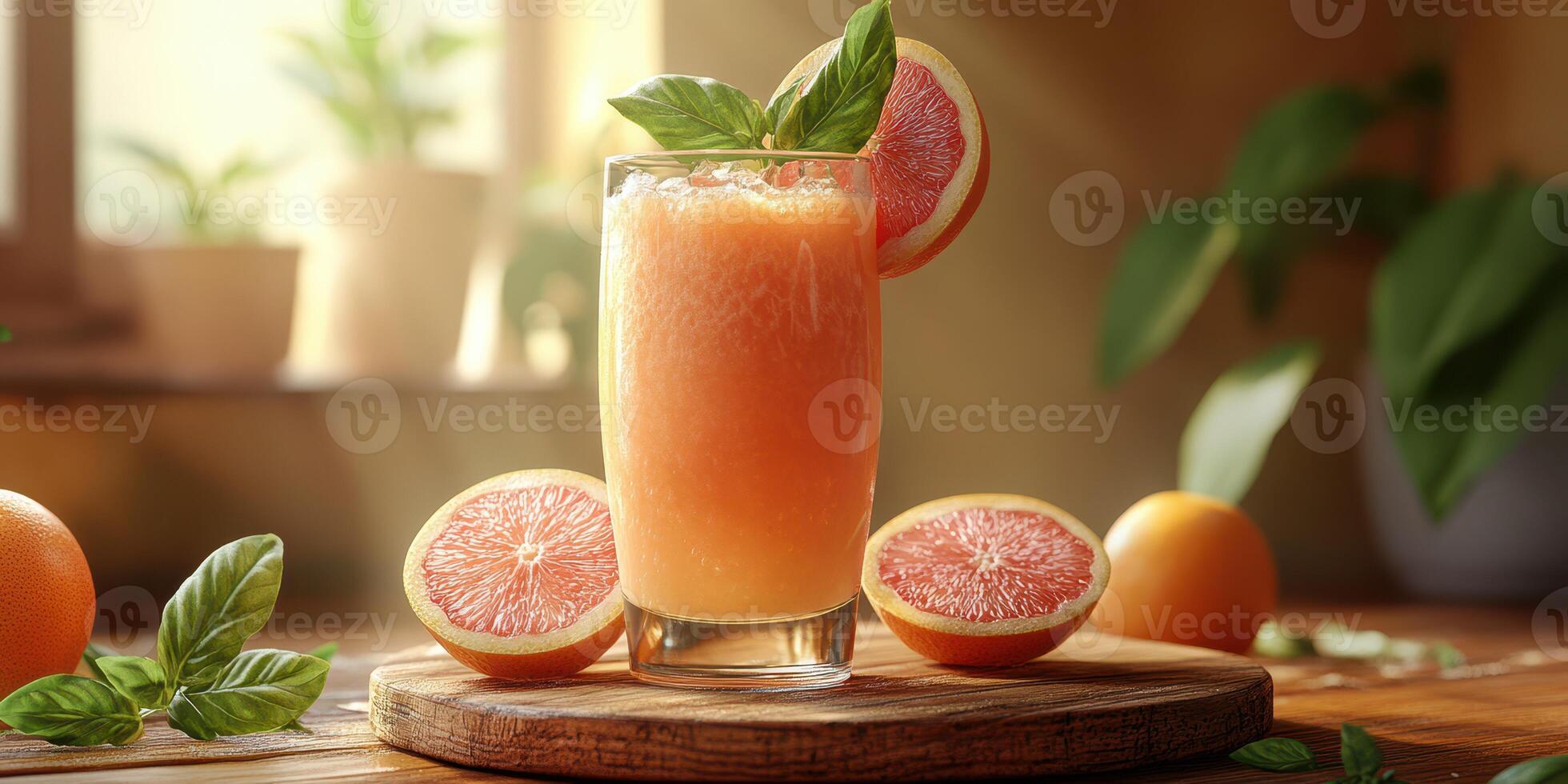 Refreshing grapefruit basil drink served with fresh fruit on a wooden surface in a bright indoor setting photo