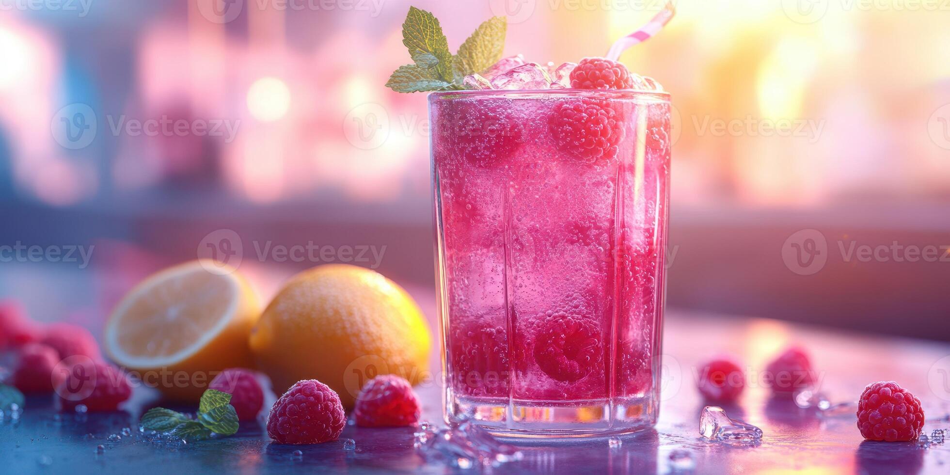 Refreshing raspberry lemonade drink with mint and ice on a sunny bar table at sunset photo