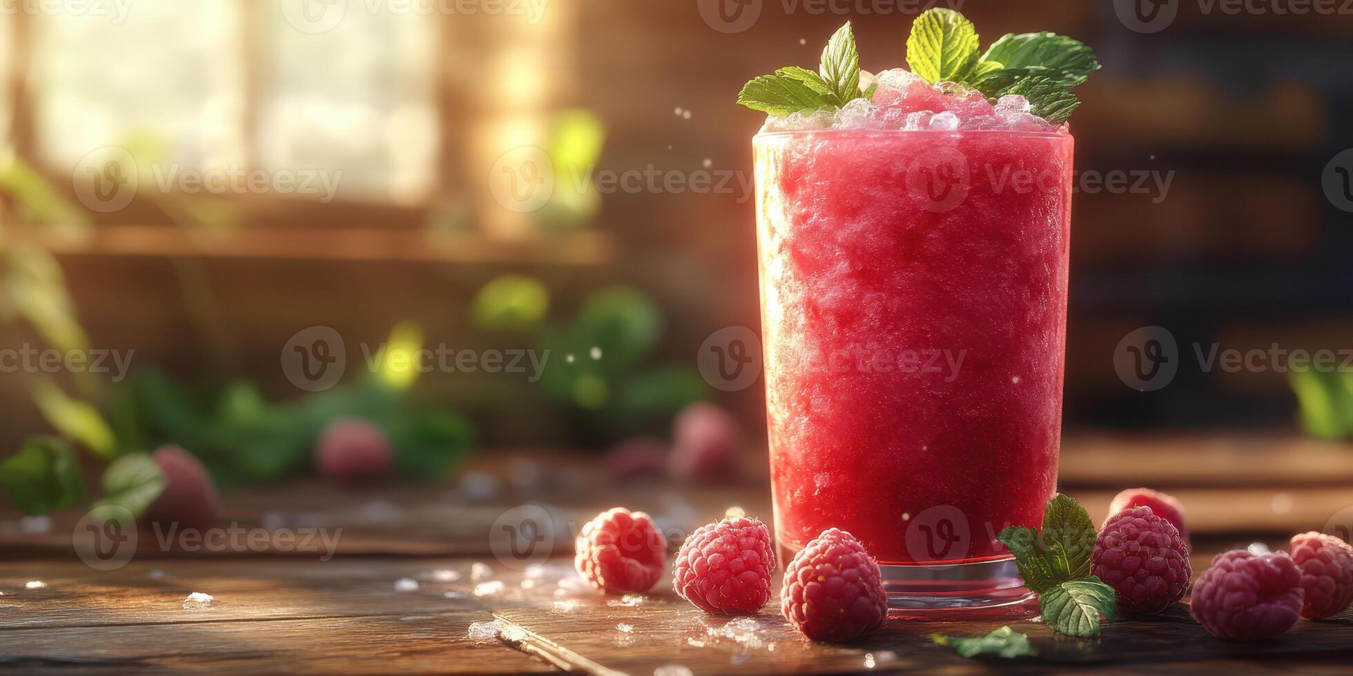 Refreshing raspberry mint slush drink in a rustic setting with natural light photo