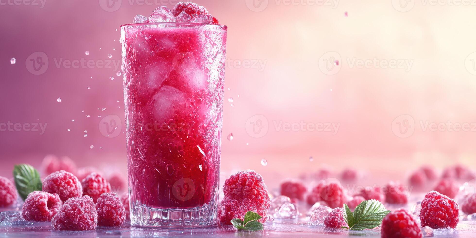 Refreshing raspberry drink with ice in a stylish glass surrounded by fresh raspberries photo