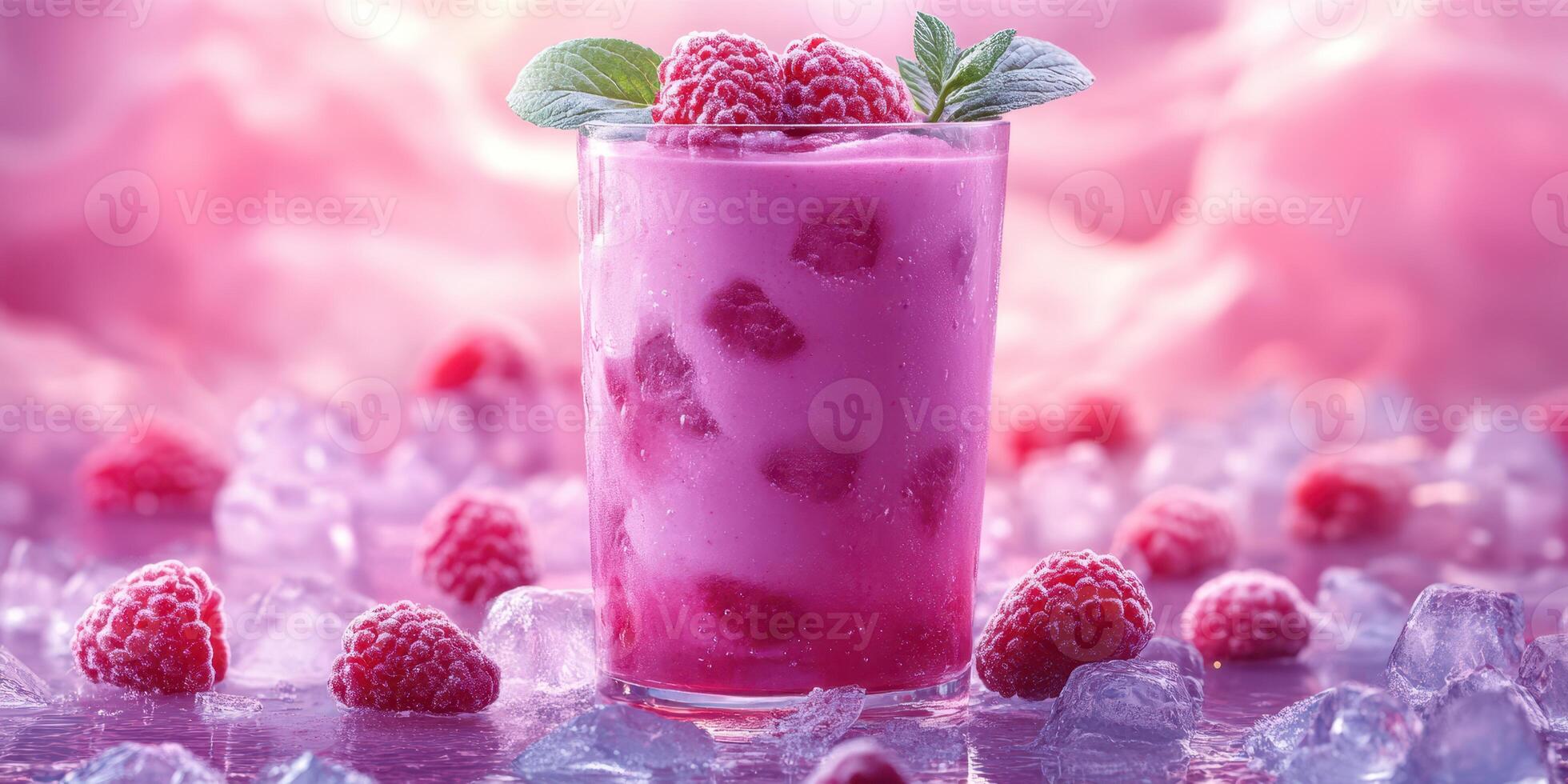 Refreshing raspberry drink served over ice with vibrant pink background during a summer day photo